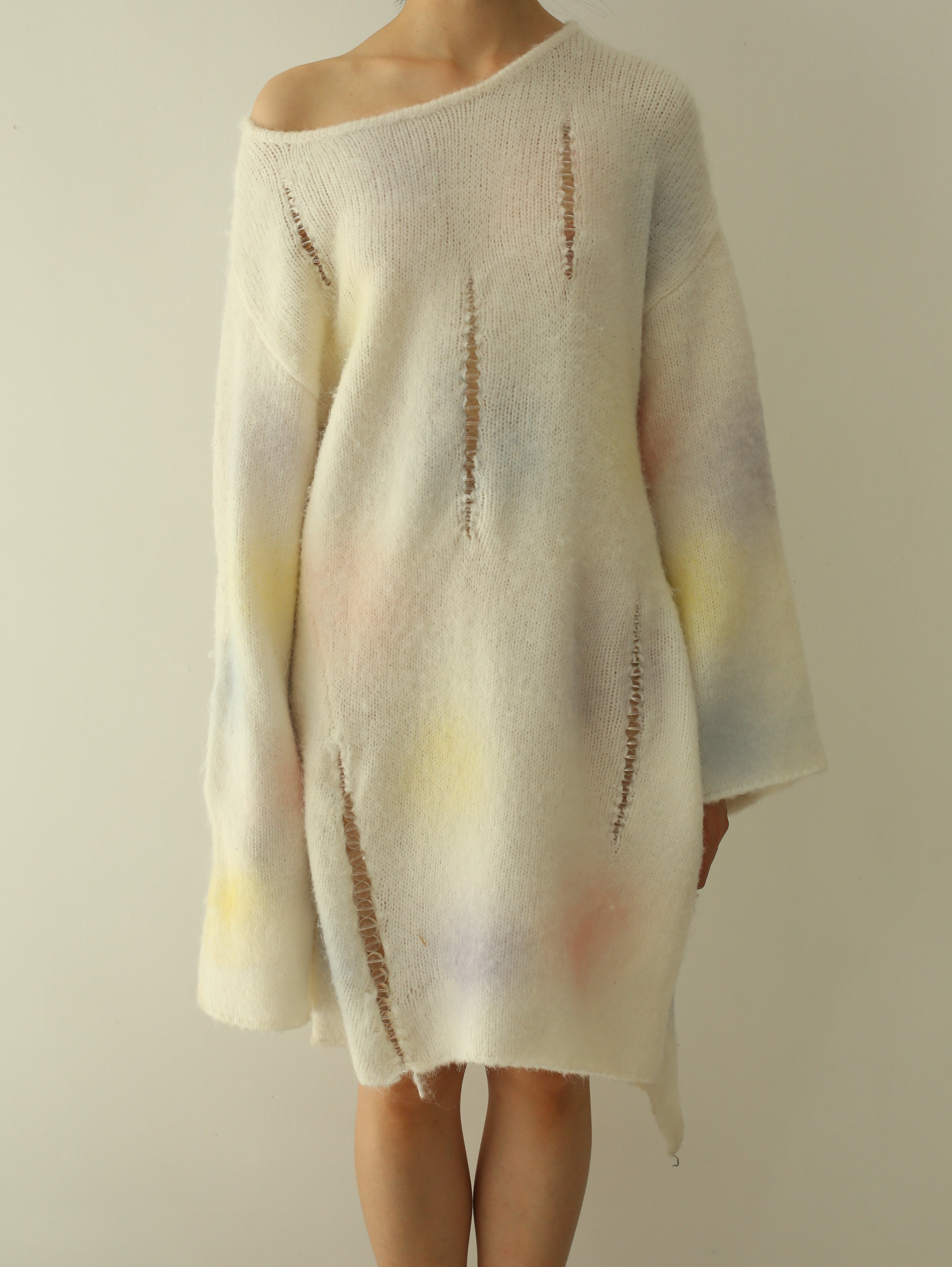 WOMEN GIRL OFF SHOULDER MIDI LONG SLEEVE PASTEL PRINTED KNIT DRESS