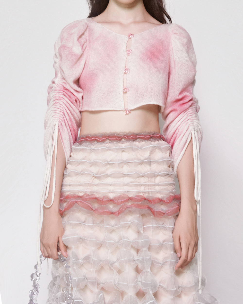 WOMEN GIRL LONG SLEEVE V NECK PASTEL PINK CROP BUBBLE KNIT TOP