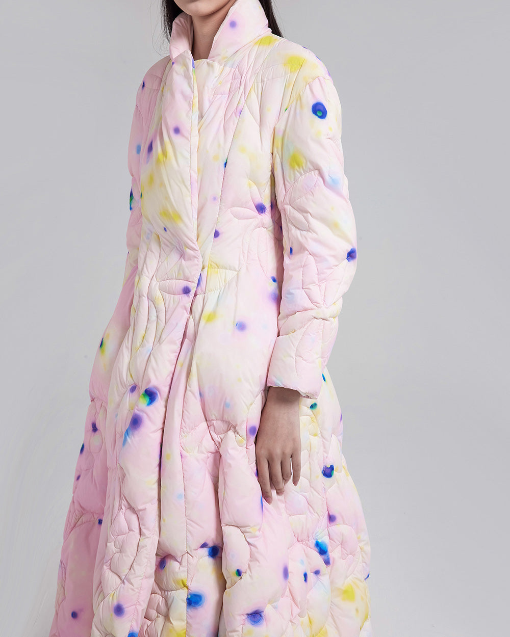 WOMEN GIRL LONG SLEEVE MIDI STYLE PINK PRINT QUILTED PUFFER COAT