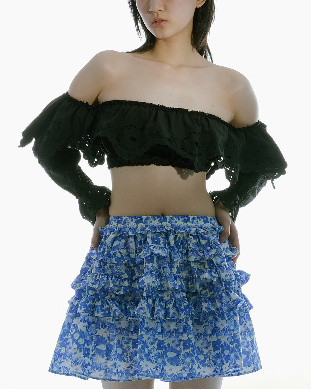 WOMAN CROPPED LONG SLEEVE STYLE POPLIN BRODERIE-ANGLAISE BLOUSE BLACK