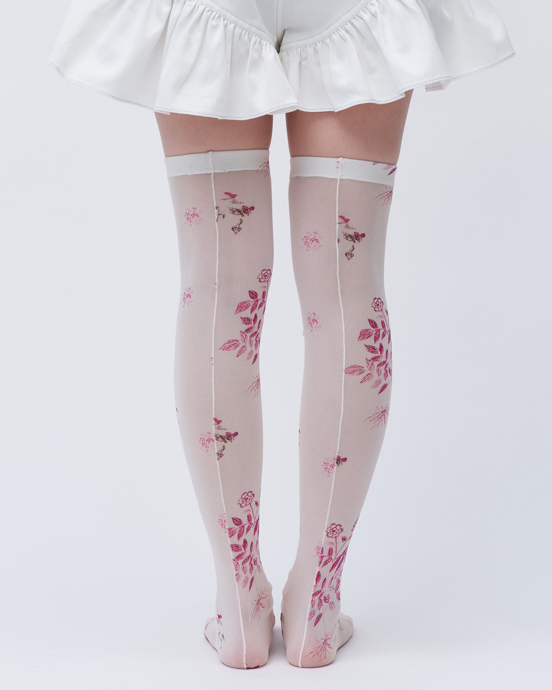 PRINTED KNEE HIGH SOCKS WHITE FLORAL STRETCHING TIGHTS LINGERIE SOCKS 