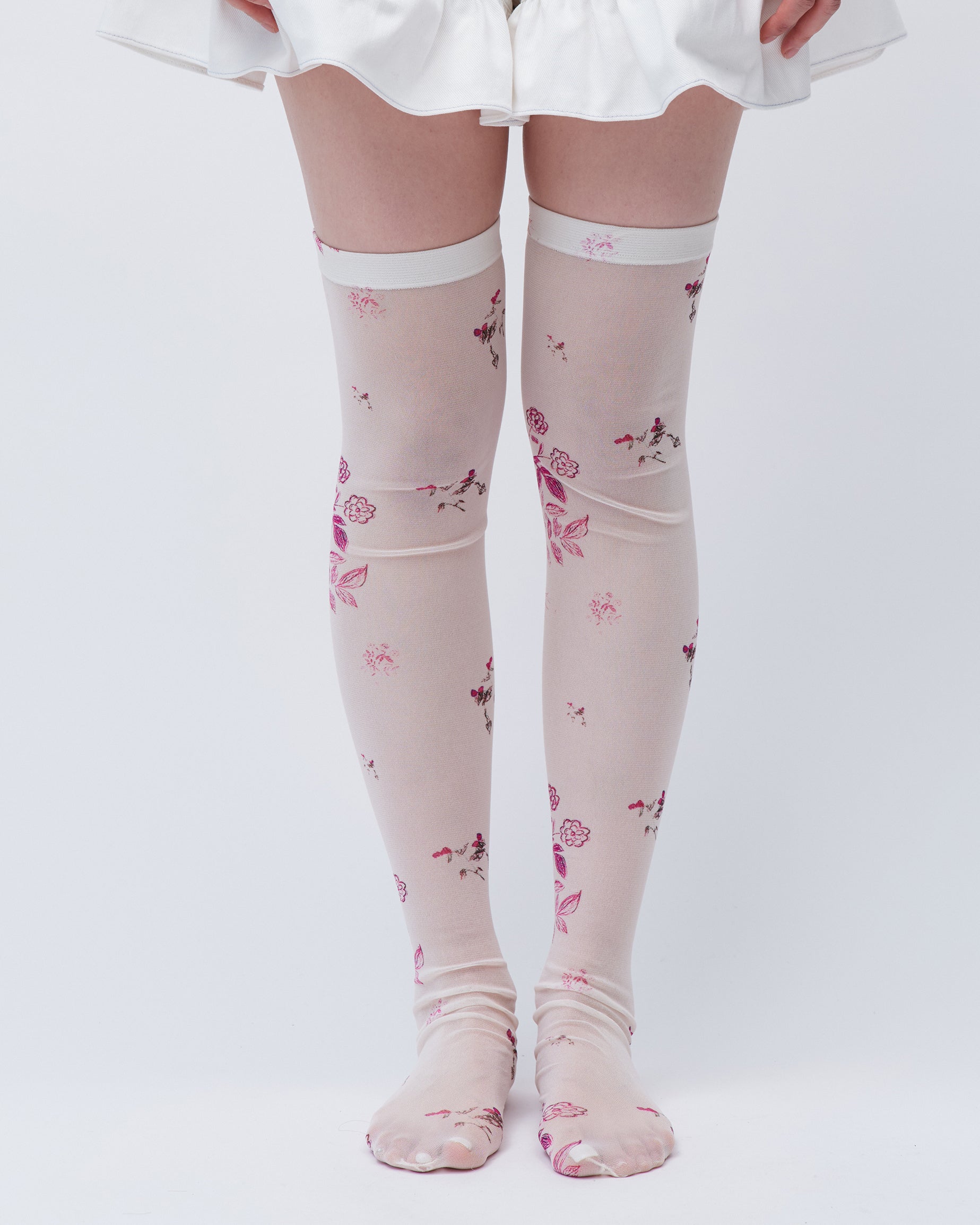 PRINTED KNEE HIGH SOCKS WHITE FLORAL STRETCHING TIGHTS LINGERIE SOCKS 