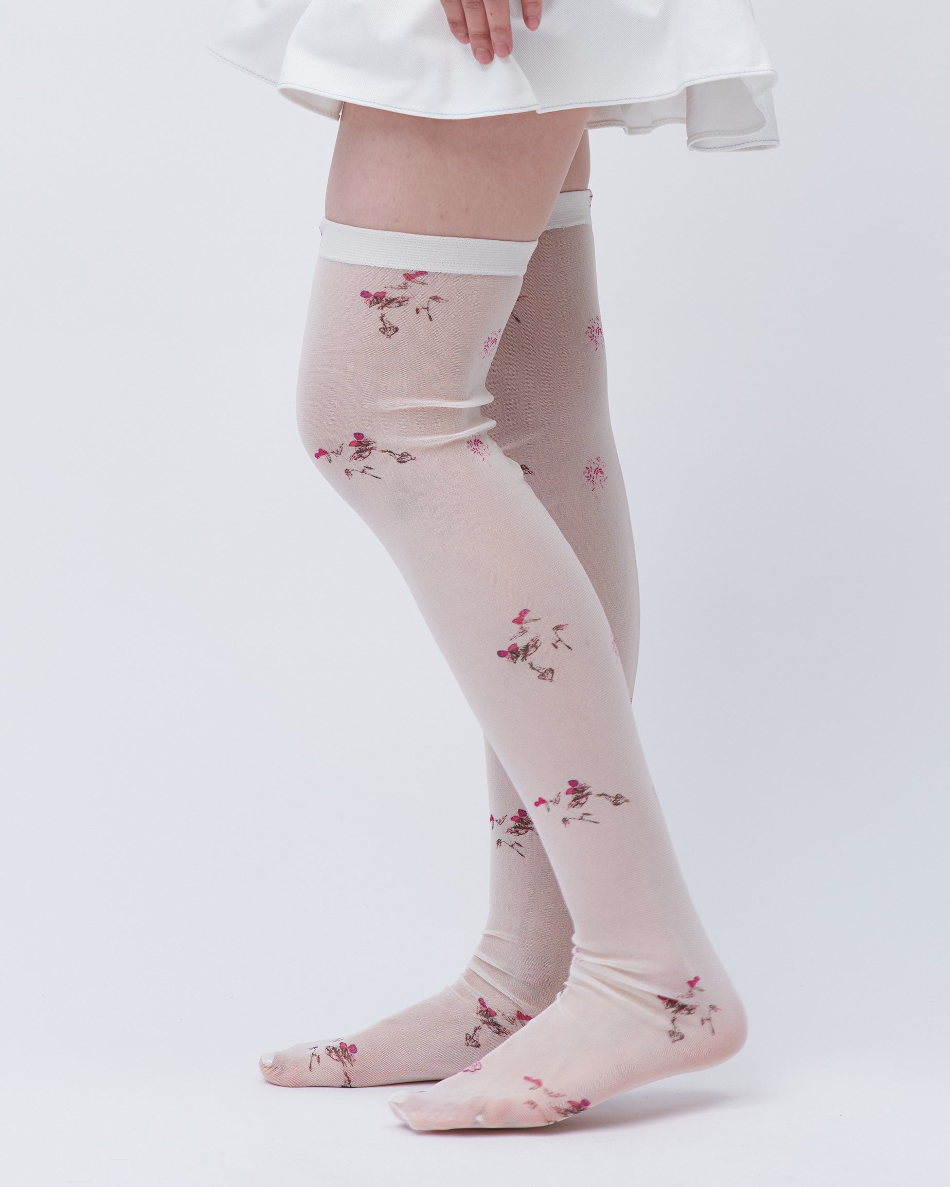 PRINTED KNEE HIGH SOCKS WHITE FLORAL STRETCHING TIGHTS LINGERIE SOCKS 