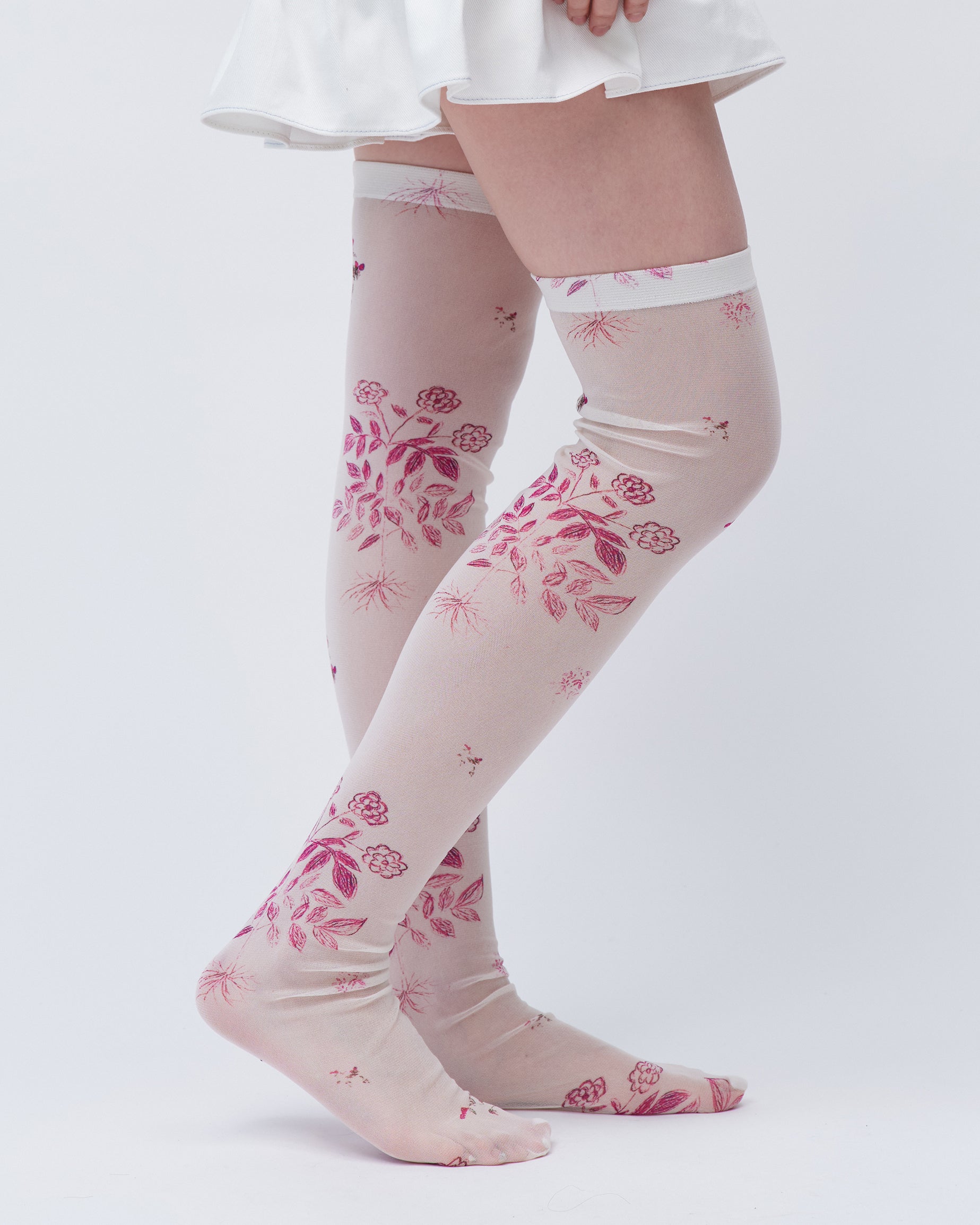 PRINTED KNEE HIGH SOCKS WHITE FLORAL STRETCHING TIGHTS LINGERIE SOCKS 