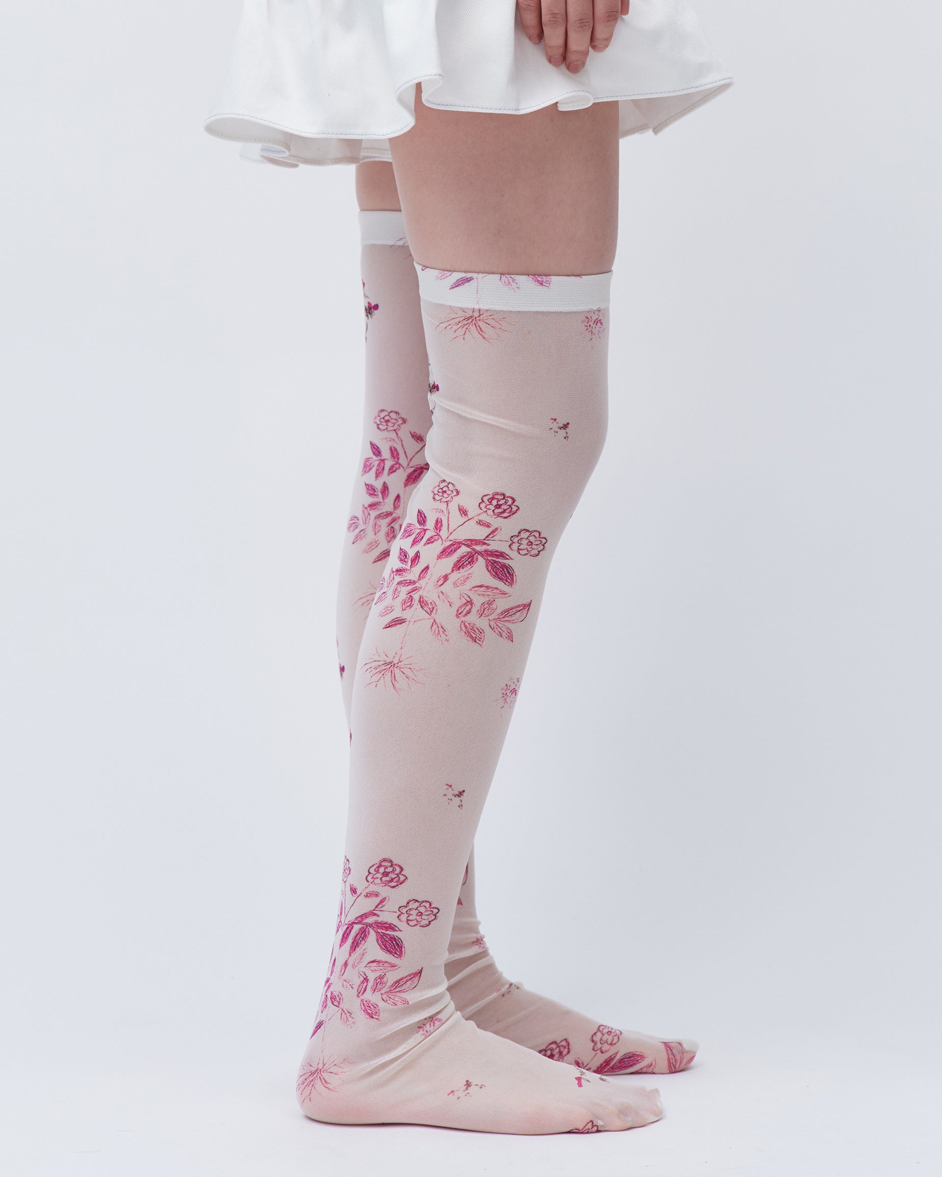 PRINTED KNEE HIGH SOCKS WHITE FLORAL STRETCHING TIGHTS LINGERIE SOCKS 