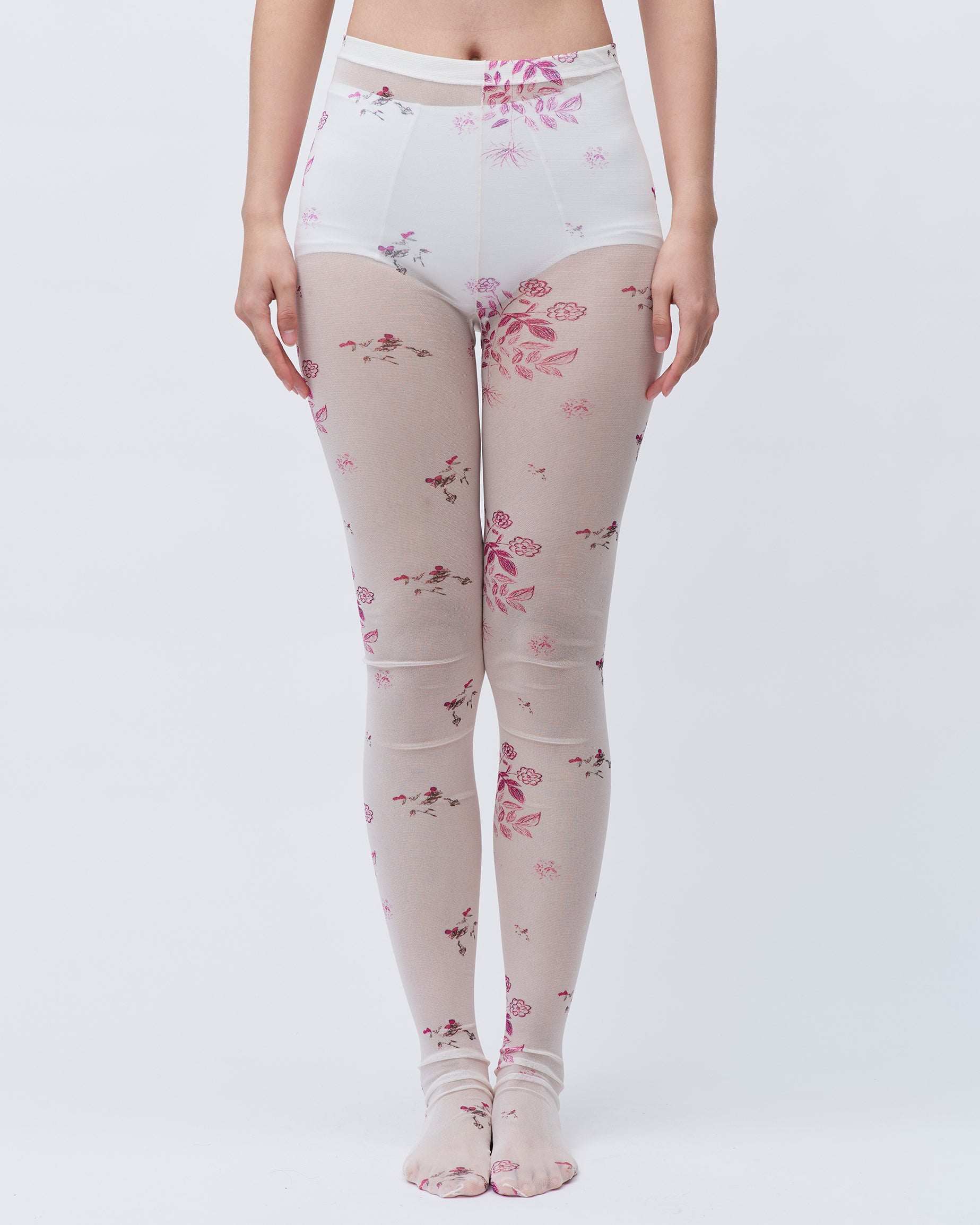 PRINTED TIGHTS WHITE FLORAL STRETCHING TIGHTS LINGERIE SOCKS 