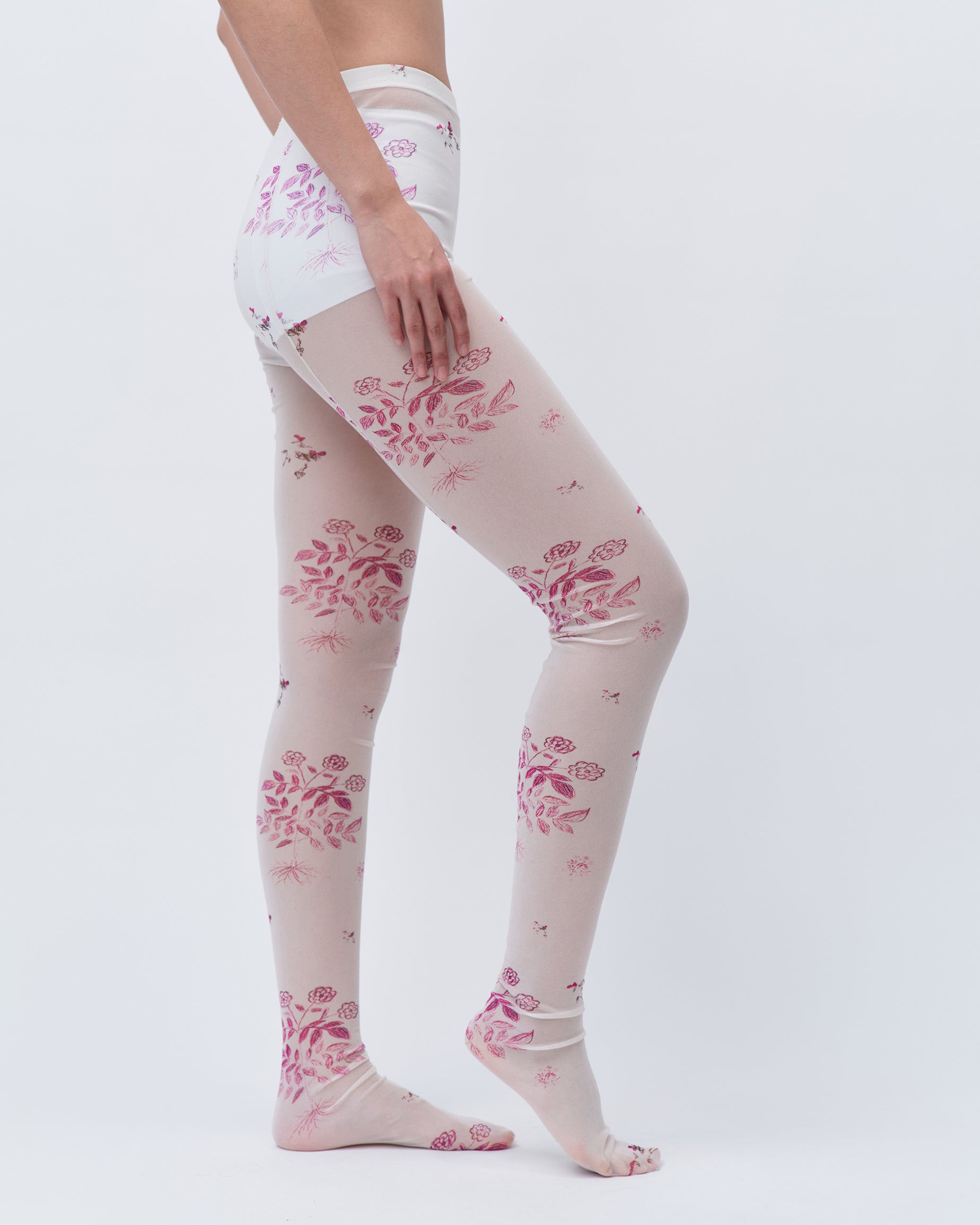 PRINTED TIGHTS WHITE FLORAL STRETCHING TIGHTS LINGERIE SOCKS 