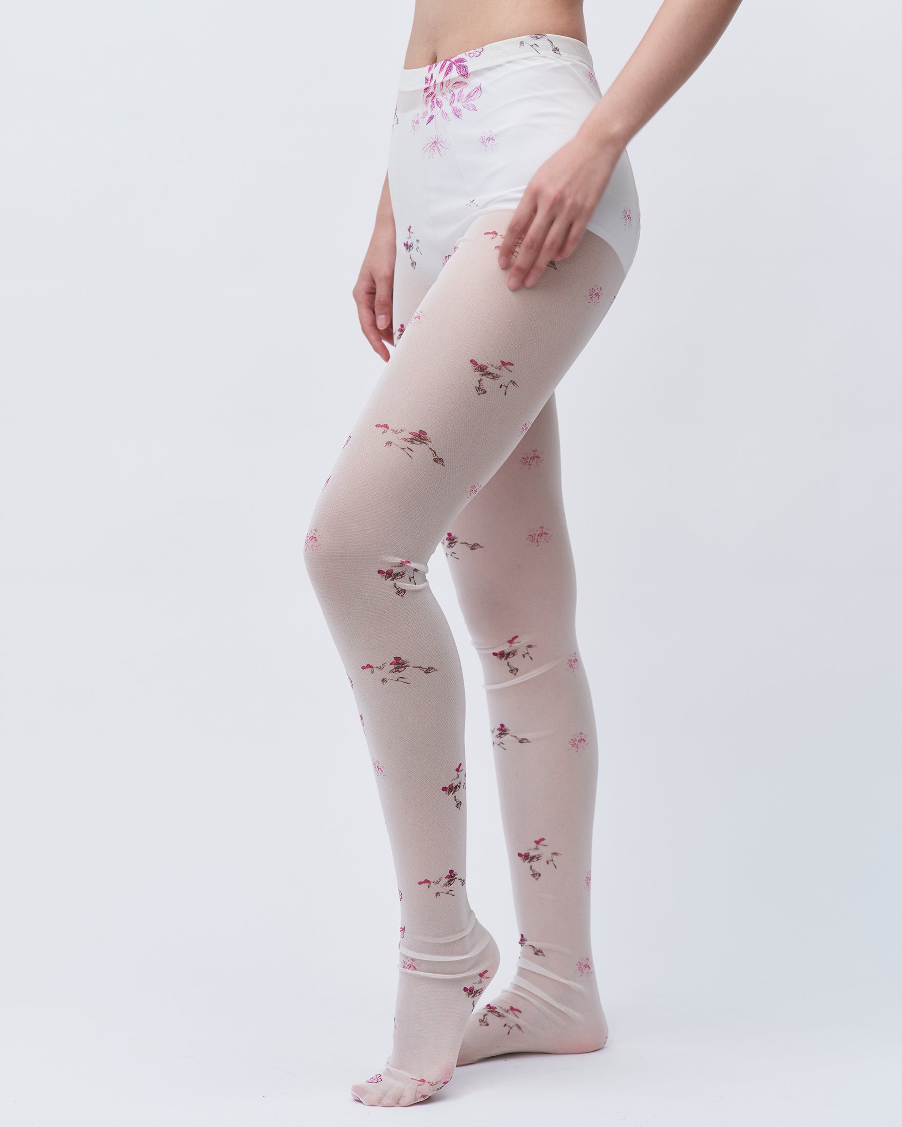 PRINTED TIGHTS WHITE FLORAL STRETCHING TIGHTS LINGERIE SOCKS 