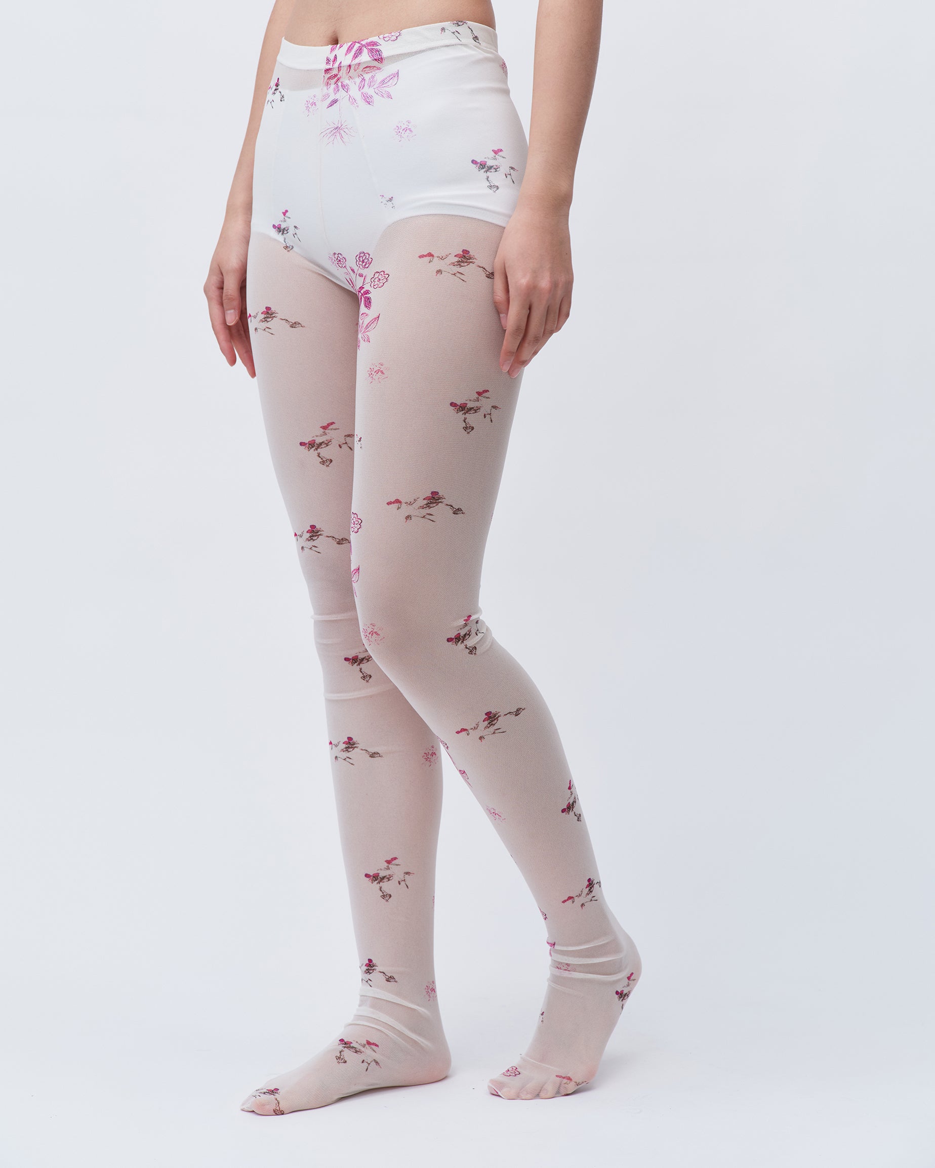 PRINTED TIGHTS WHITE FLORAL STRETCHING TIGHTS LINGERIE SOCKS 