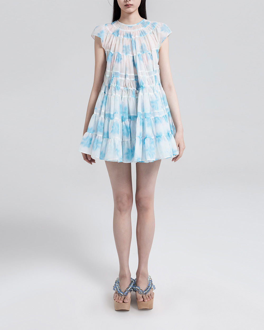 WOMEN GIRL BLUE WHITE SHORT STYLE PRINTED A LINE MINI TIE DRESS