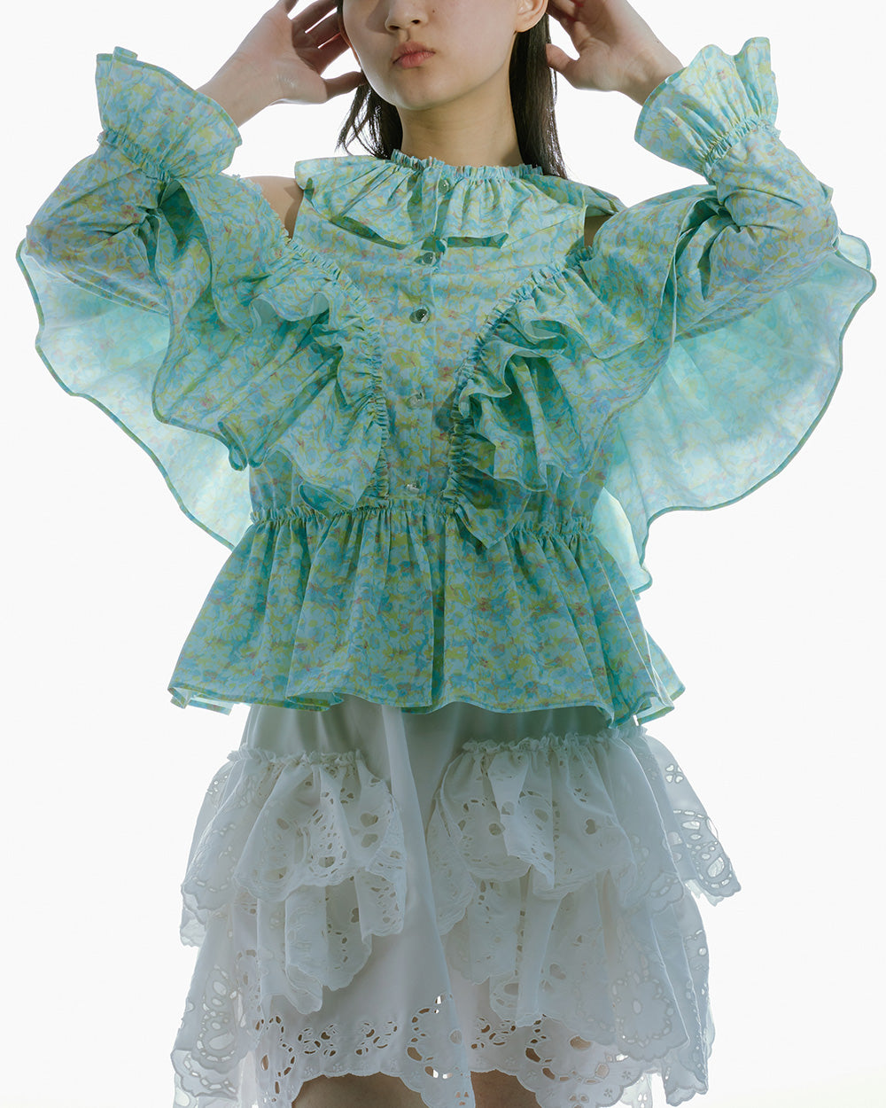 WOMEN STYLE RUFFLED LONG SLEEVE PRINTED CUT OUT POPLIN BLOUSE BLUE
