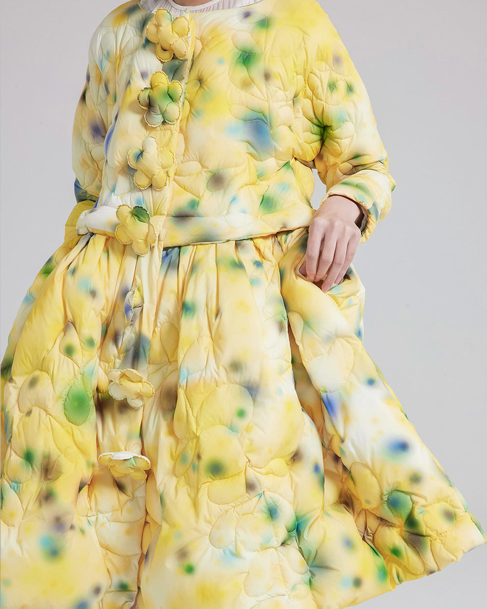 WOMEN GIRL YELLOW LONG SLEEVE STYLE PRINTED FLOWER BUTTON PUFFER JACKET