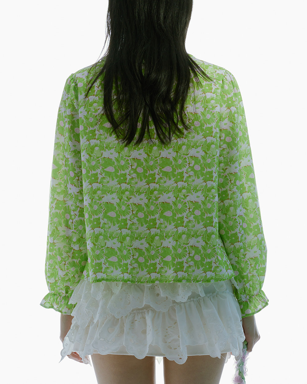 WOMEN STYE LONG SLEEVE PRINTED FRILL COLLAR BLOUSE GREEN