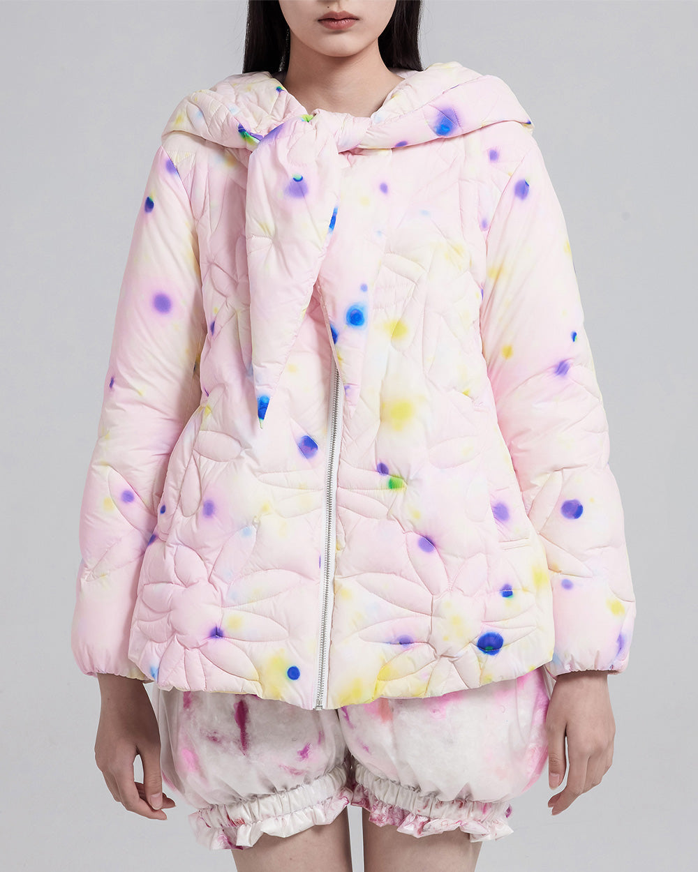 WOMEN GIRL PINK LONG SLEEVE STYLE PRINTED HOODED PUFFER JACKET