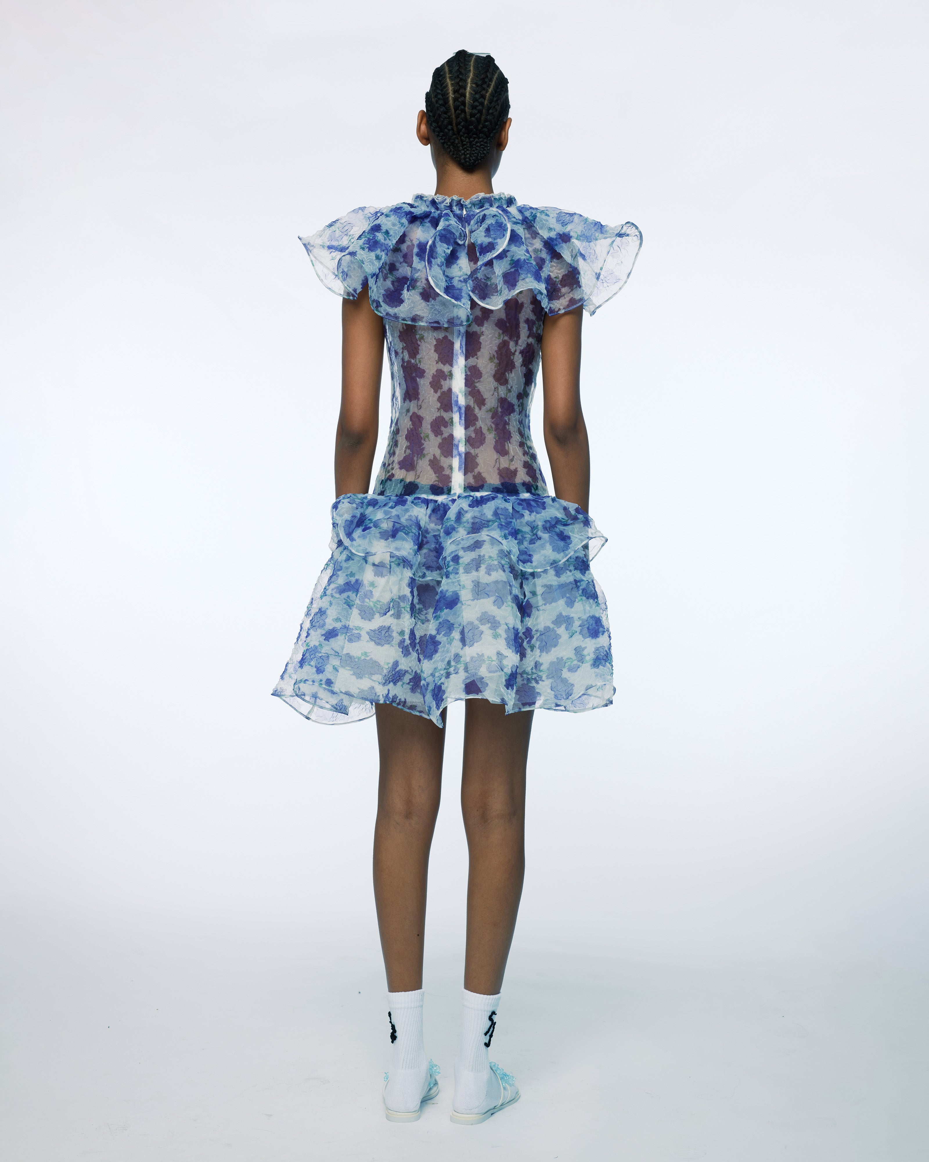 WOMEN BLUE SLEEVELESS PRINTED PEPLUM DRESS