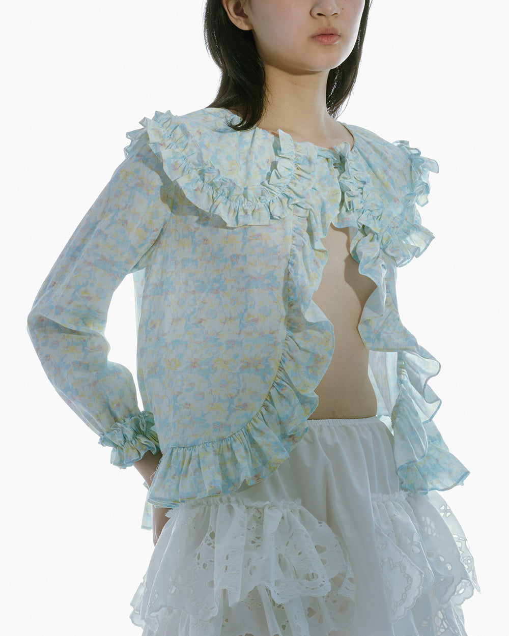 WOMEN STYLE LONG SLEEVE PRINTED RUFFLE-DETAILED BLOUSE BLUE