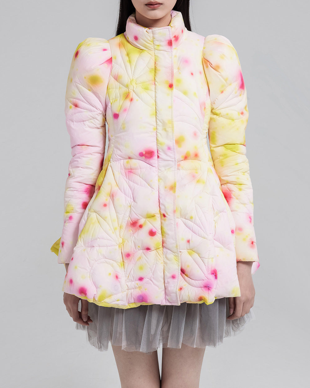 WOMEN GIRL PINK LONG SLEEVE STYLE PRINTED SLIM FIT AND FLARE PUFFER JACKET 