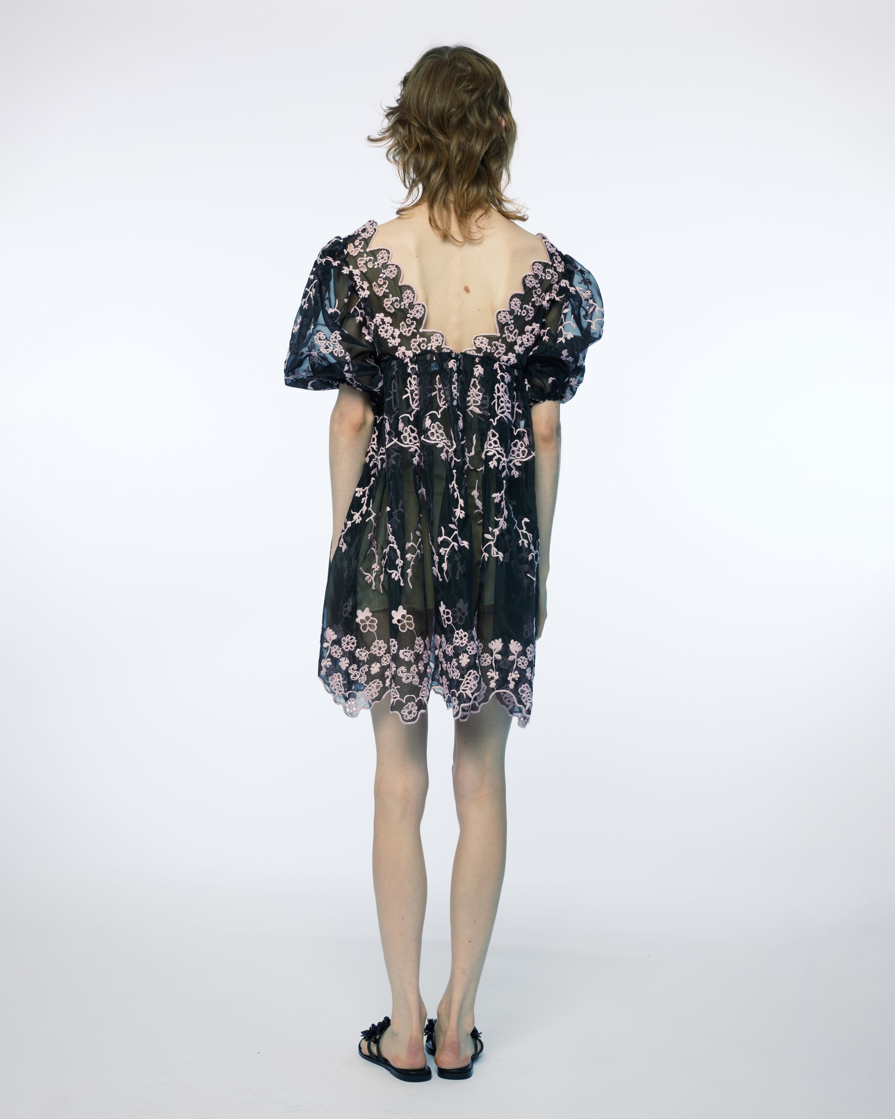WOMEN BLACK LONG SLEEVE PUFF SLEEVES BRODERIE ANGLAIS MINI SHORT DRESS
