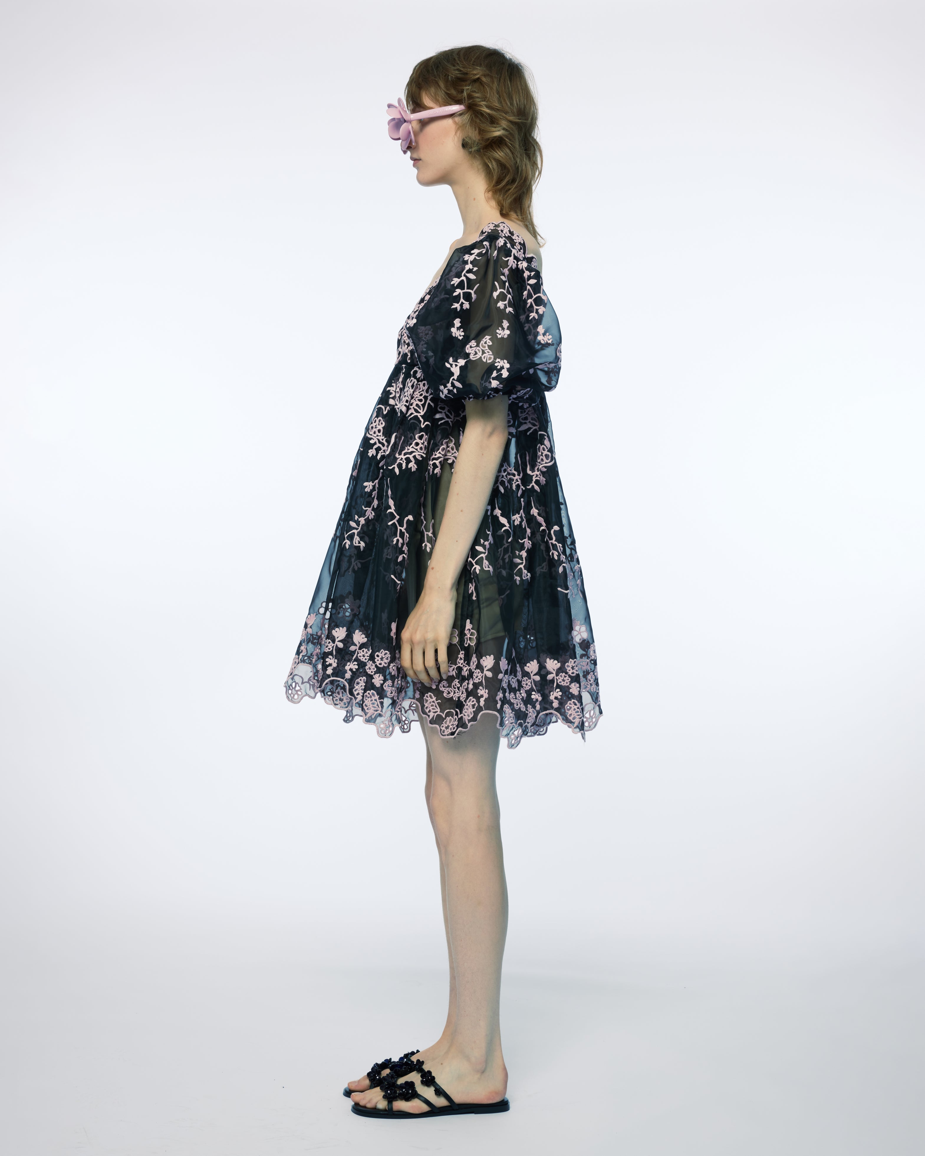 WOMEN BLACK LONG SLEEVE PUFF SLEEVES BRODERIE ANGLAIS MINI SHORT DRESS