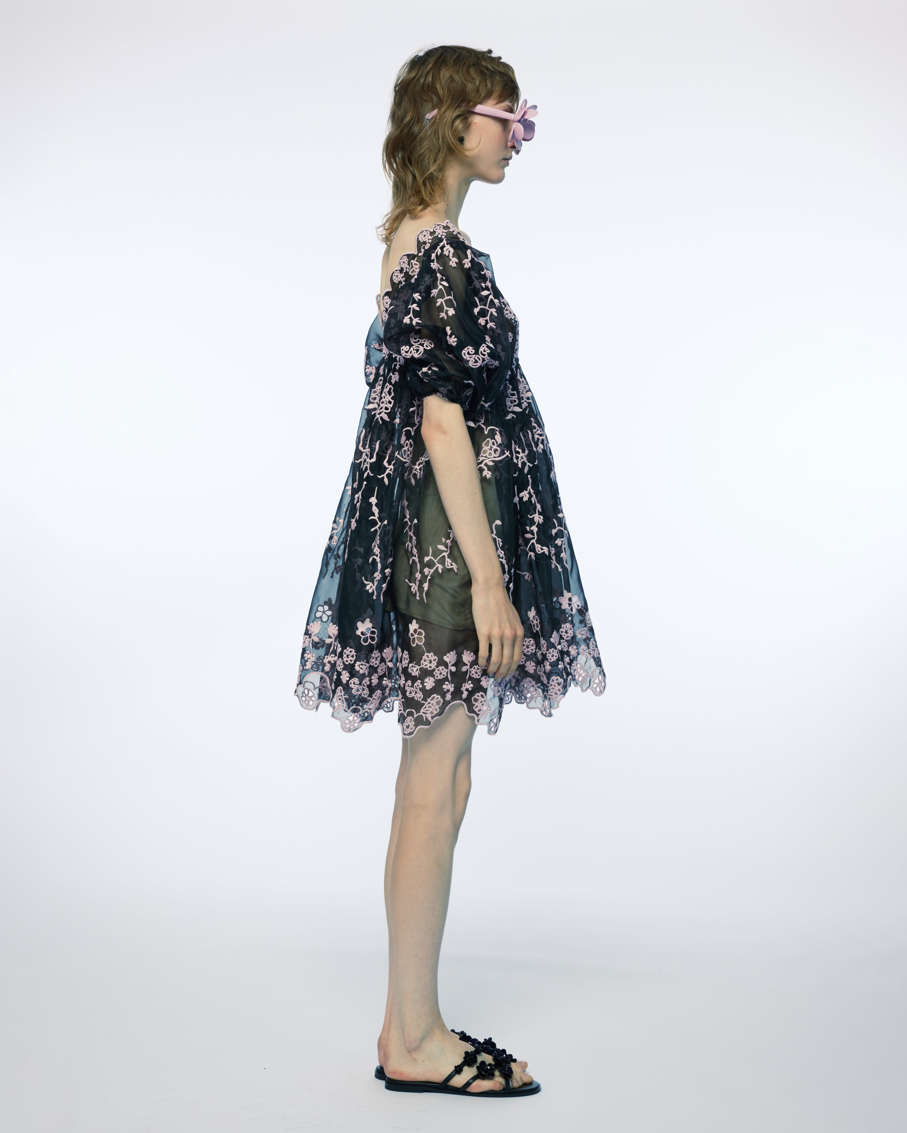 WOMEN BLACK LONG SLEEVE PUFF SLEEVES BRODERIE ANGLAIS MINI SHORT DRESS