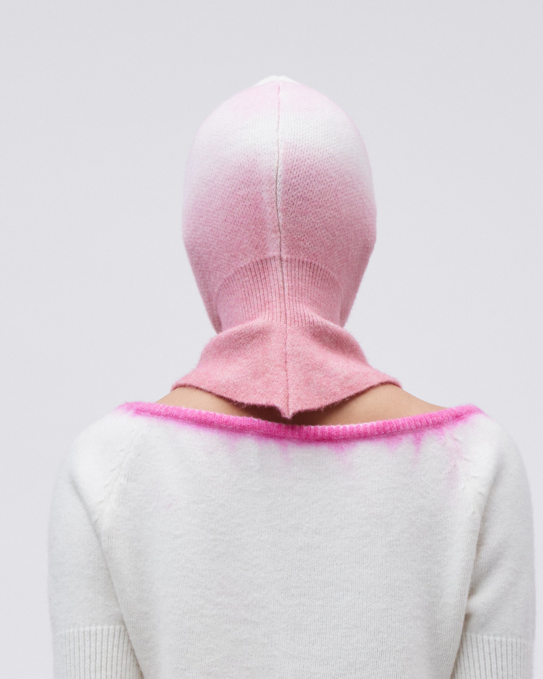 WOMENS GIRLS KNIT BALACLAVA HOOD SNOOD IN WHITE AND PINK GRADIENT 