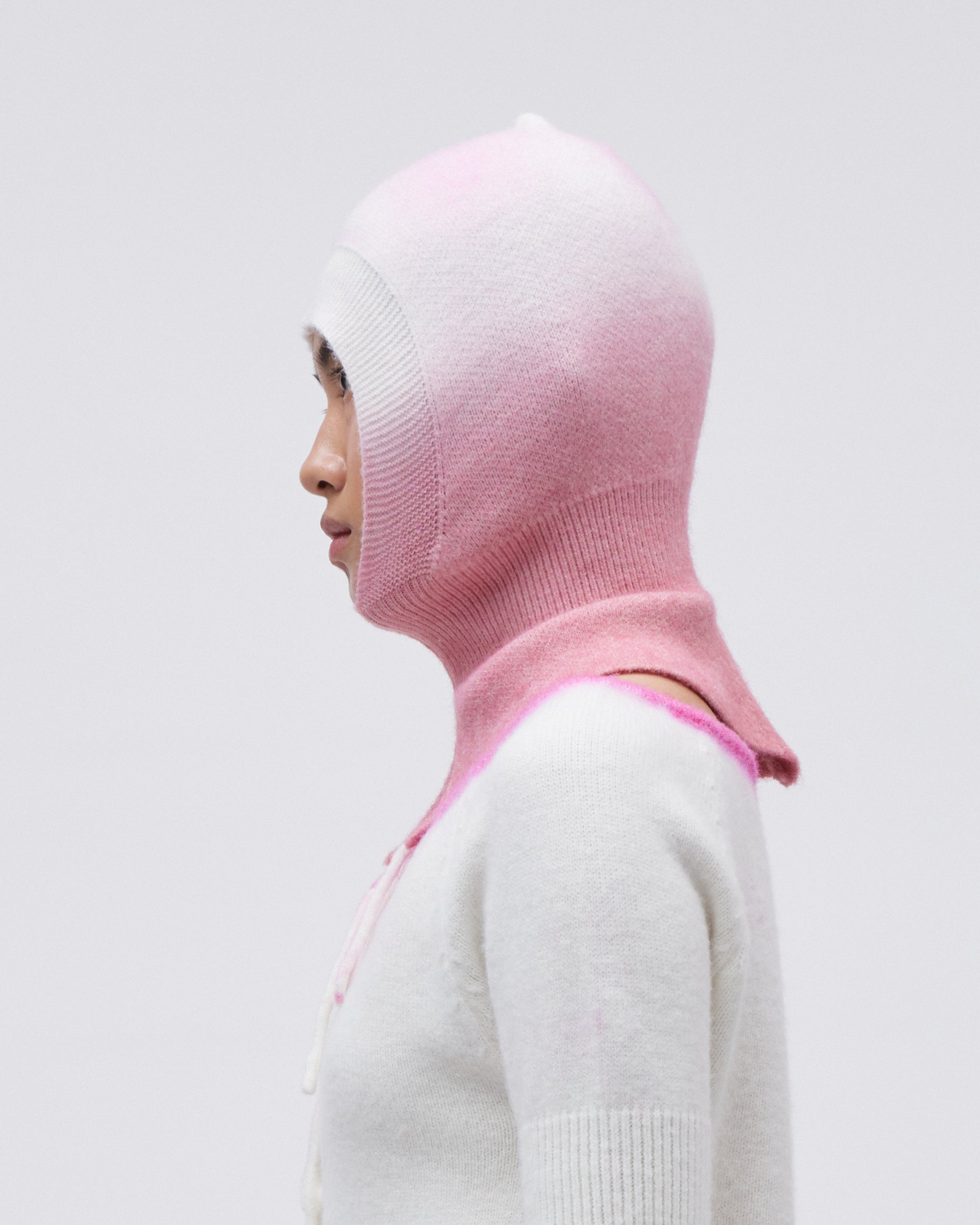 WOMENS GIRLS KNIT BALACLAVA HOOD SNOOD IN WHITE AND PINK GRADIENT 