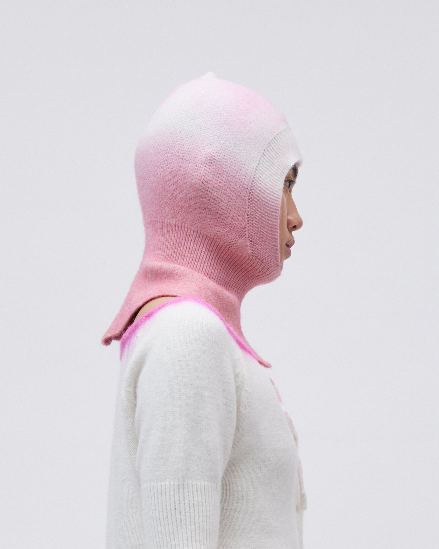 WOMENS GIRLS KNIT BALACLAVA HOOD SNOOD IN WHITE AND PINK GRADIENT 