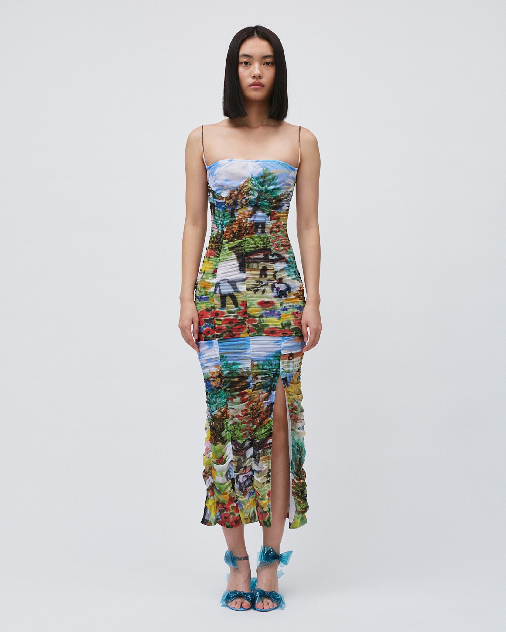WOMENS SLIT DRESS PRINTED FLORAL GATHERING DRESS WITH FRONT AND BACK SLITS 
