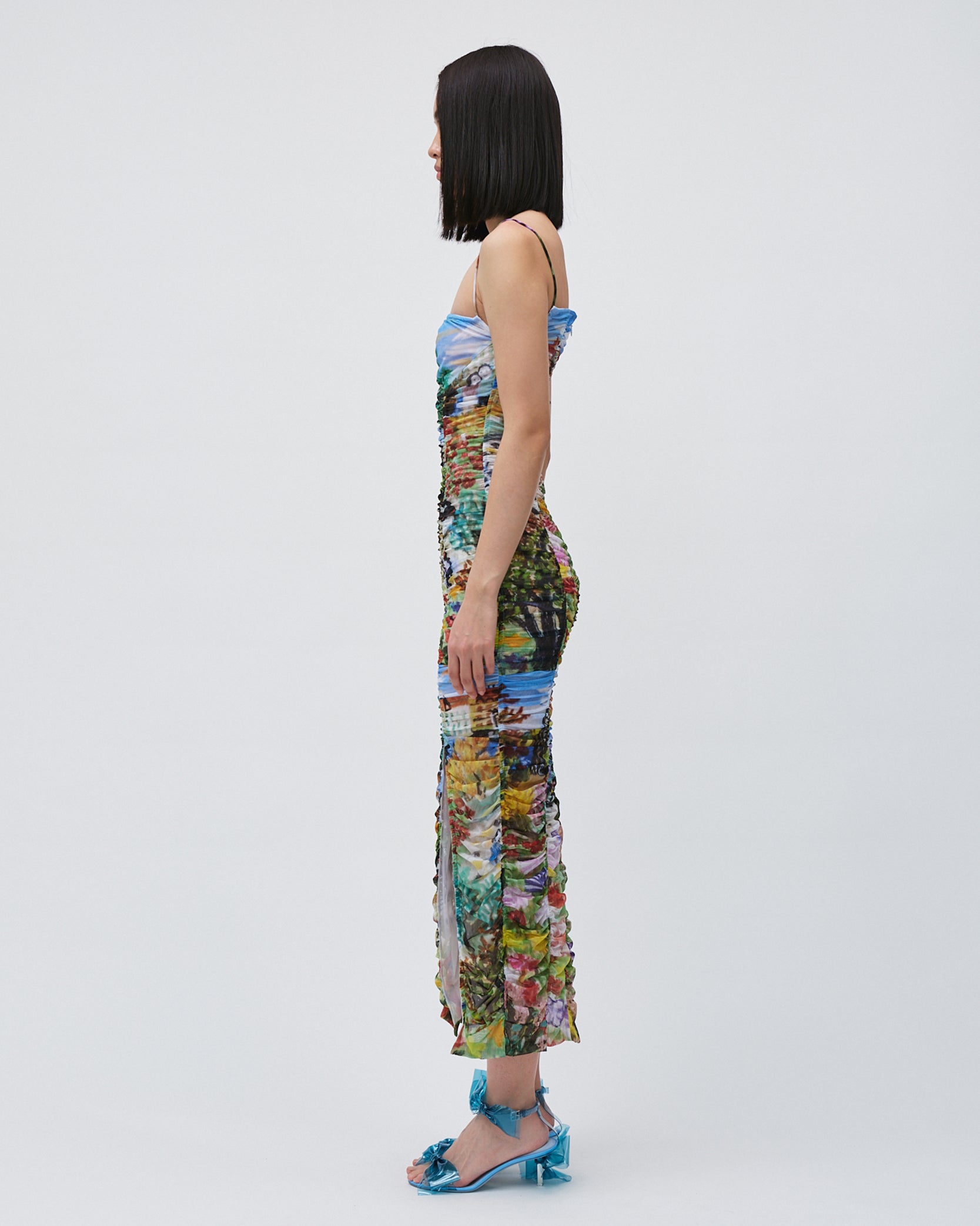 WOMENS SLIT DRESS PRINTED FLORAL GATHERING DRESS WITH FRONT AND BACK SLITS 