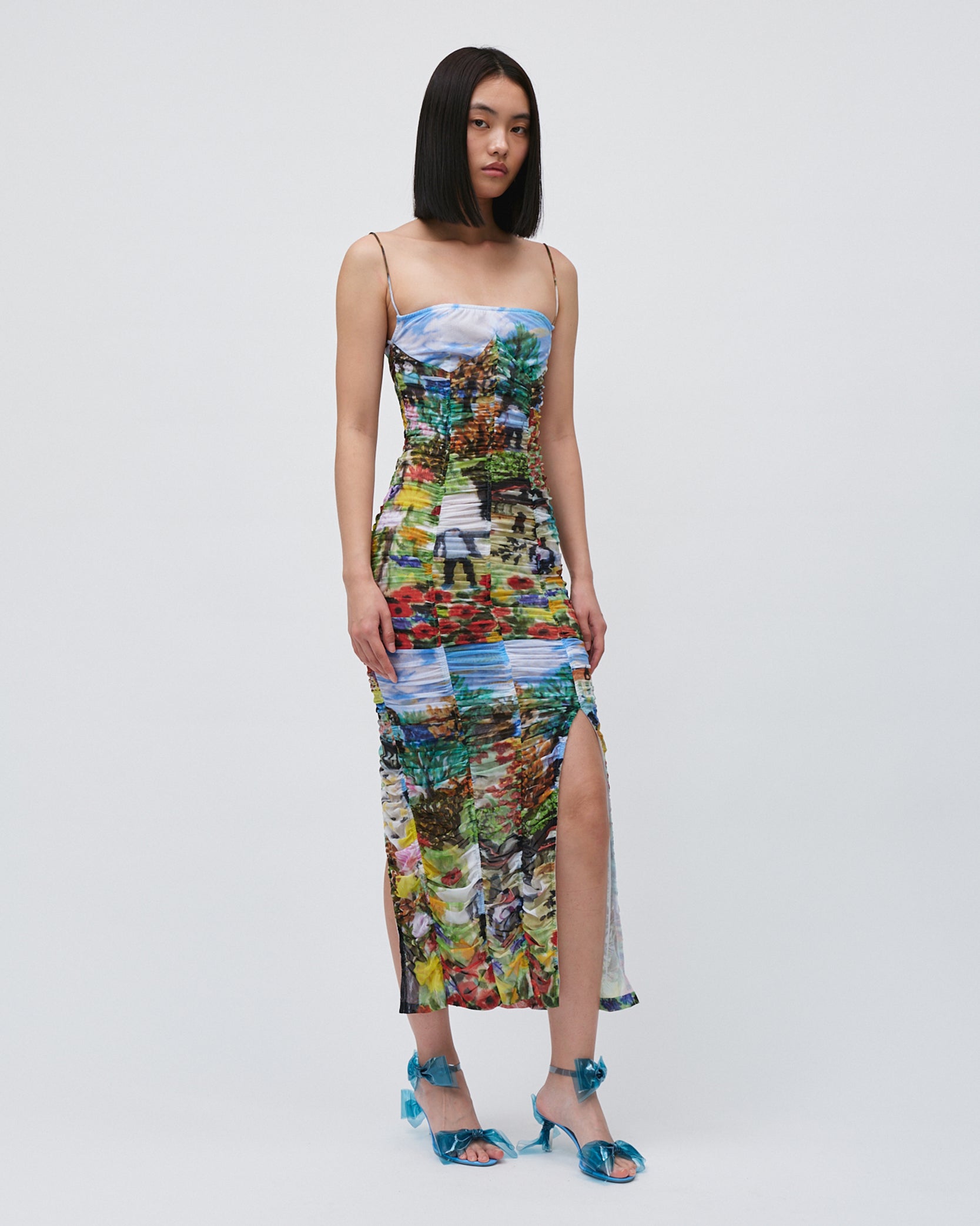WOMENS SLIT DRESS PRINTED FLORAL GATHERING DRESS WITH FRONT AND BACK SLITS 