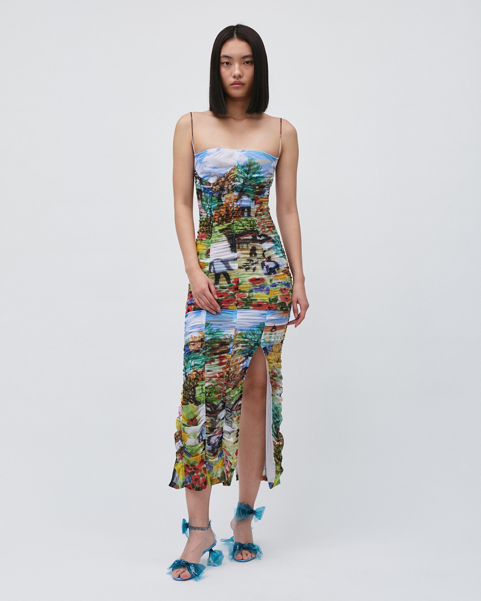 WOMENS SLIT DRESS PRINTED FLORAL GATHERING DRESS WITH FRONT AND BACK SLITS 