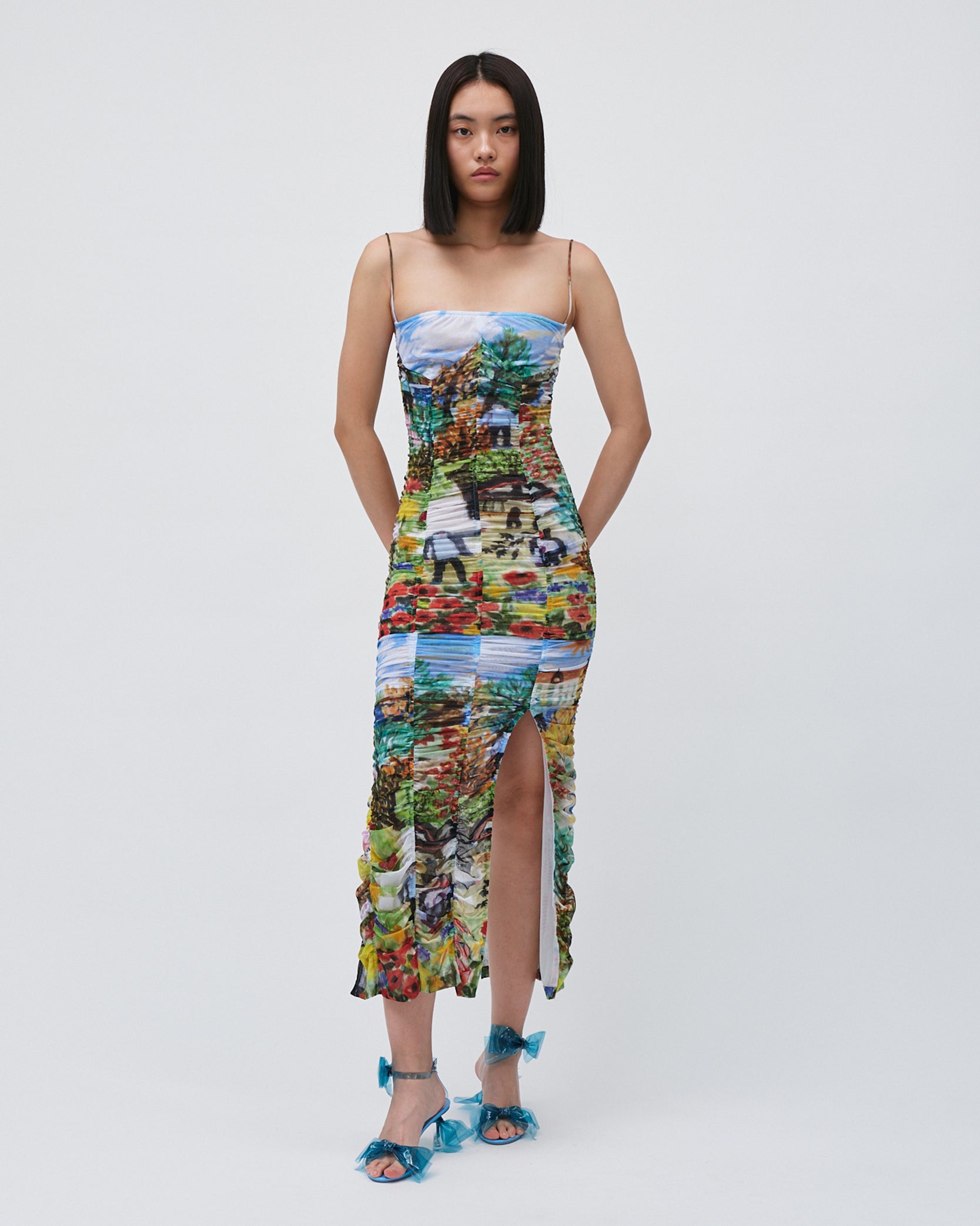 WOMENS SLIT DRESS PRINTED FLORAL GATHERING DRESS WITH FRONT AND BACK SLITS 