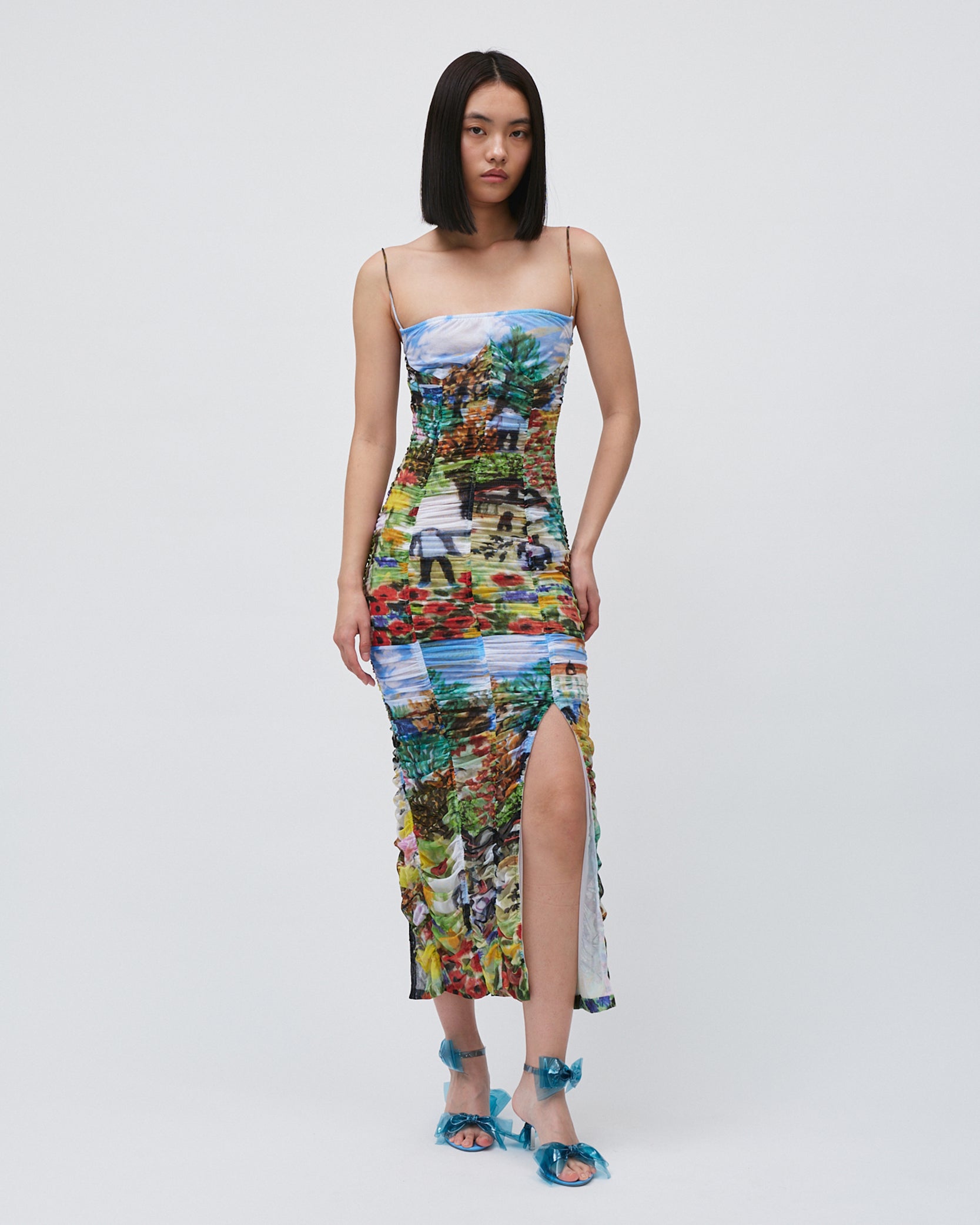 WOMENS SLIT DRESS PRINTED FLORAL GATHERING DRESS WITH FRONT AND BACK SLITS 
