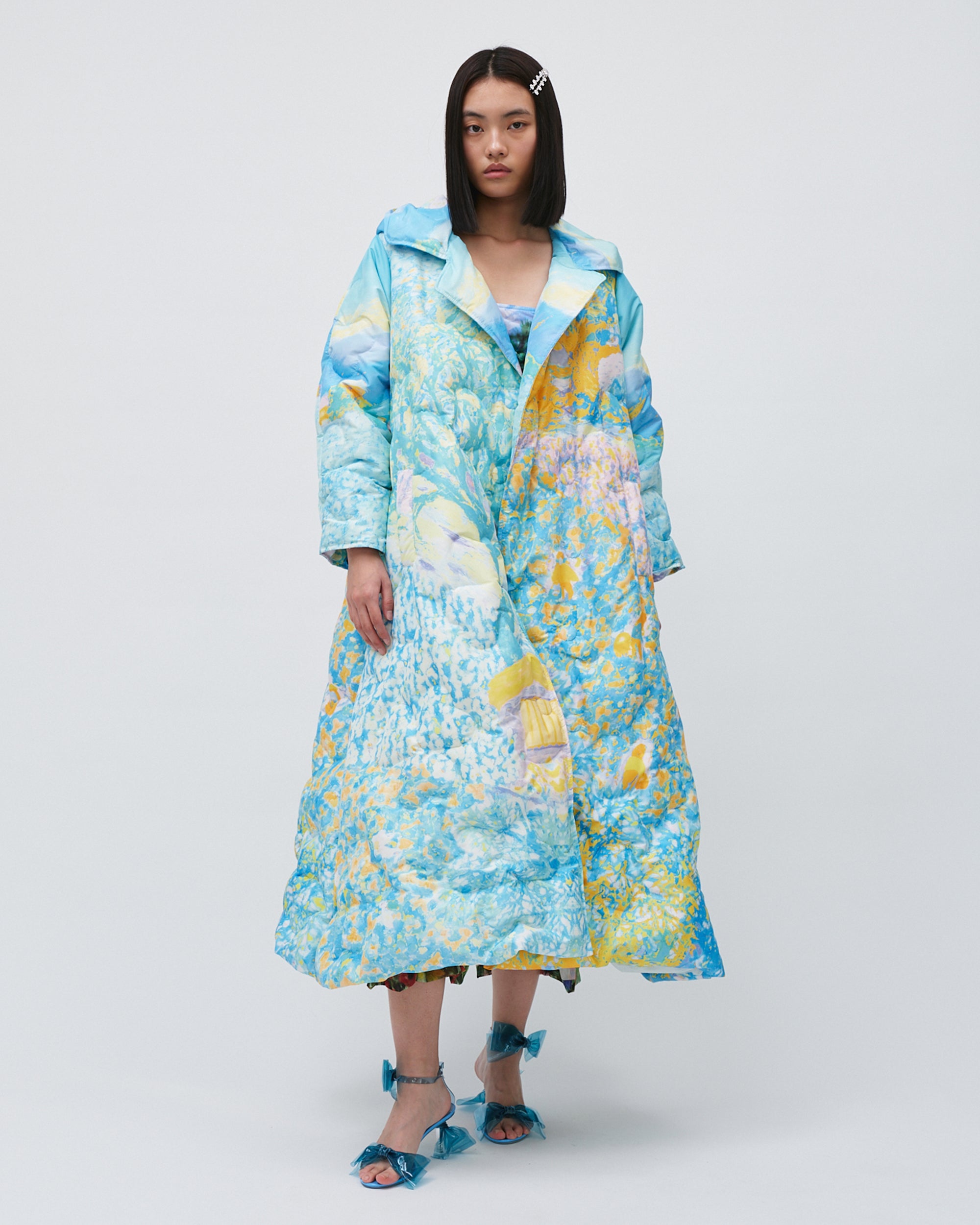 PRINTED HOODED PUFFER LONG COAT