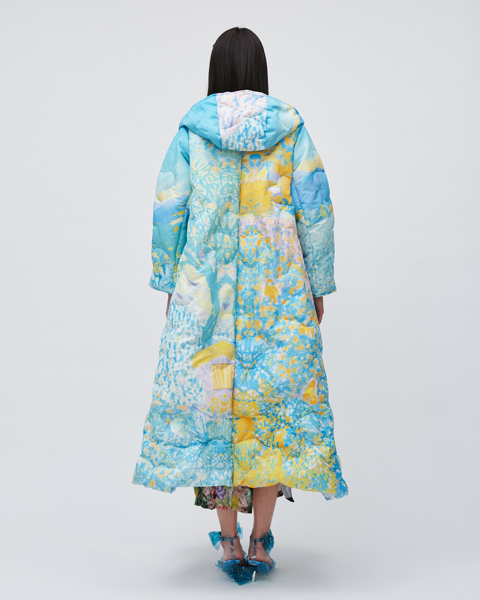 PRINTED HOODED PUFFER LONG COAT