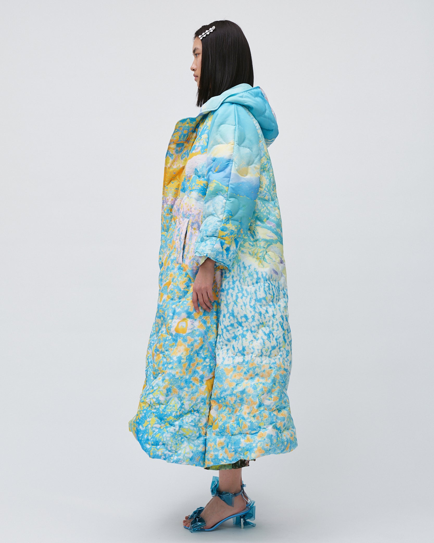 PRINTED HOODED PUFFER LONG COAT