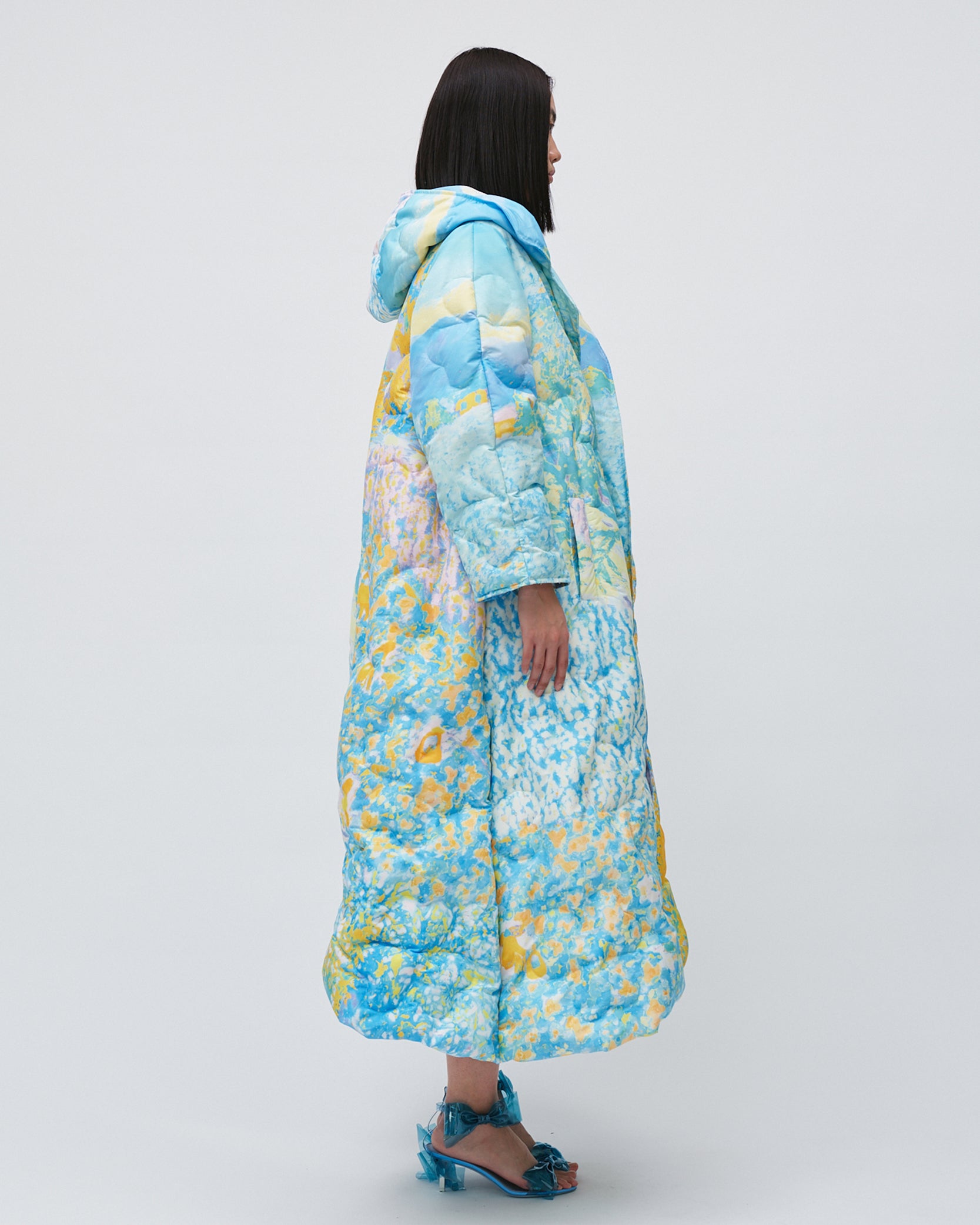 PRINTED HOODED PUFFER LONG COAT