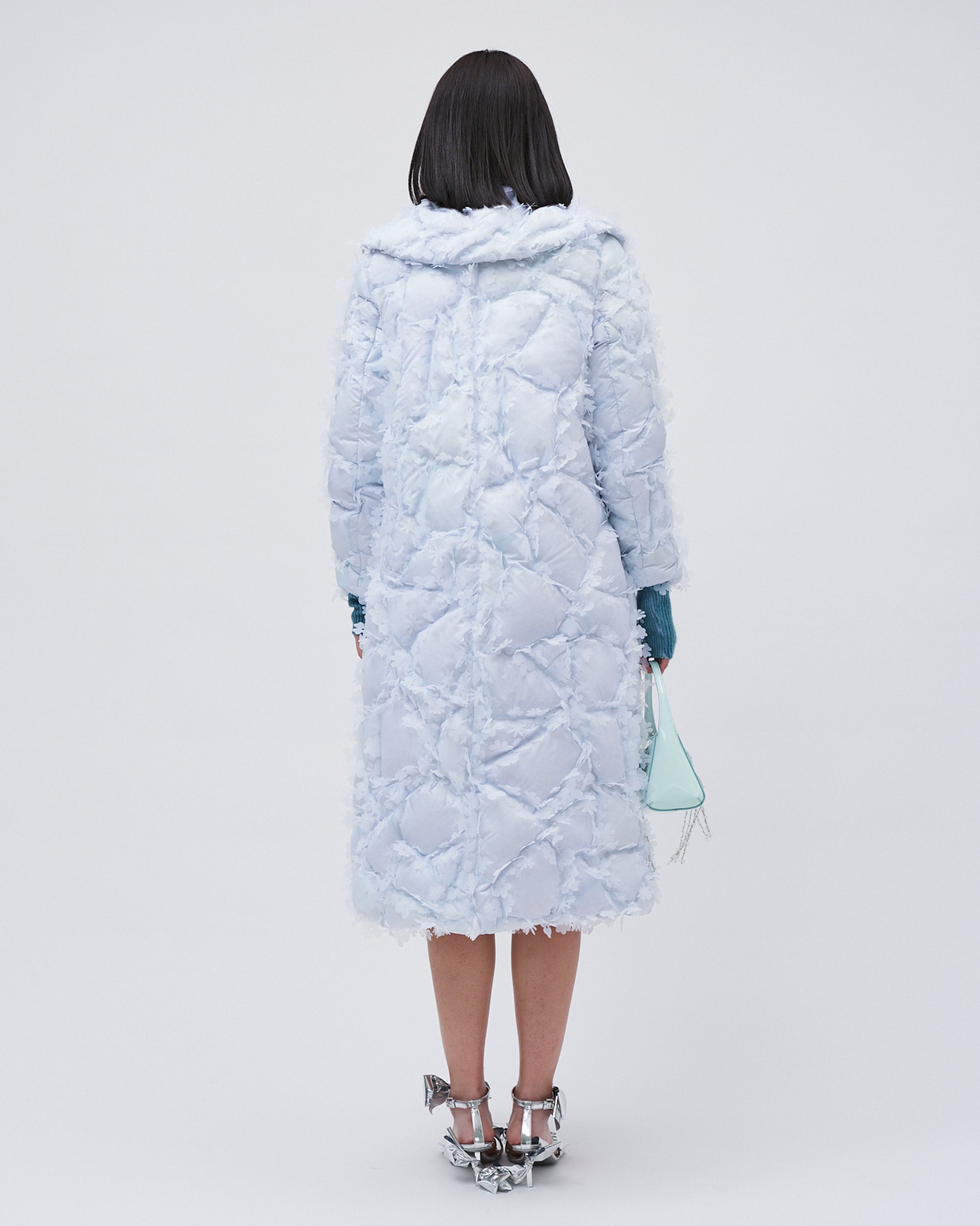 WOMENS QUILTED LASER CUT FLOWER LONG PUFFER COAT BLUE LONG SLEEVE