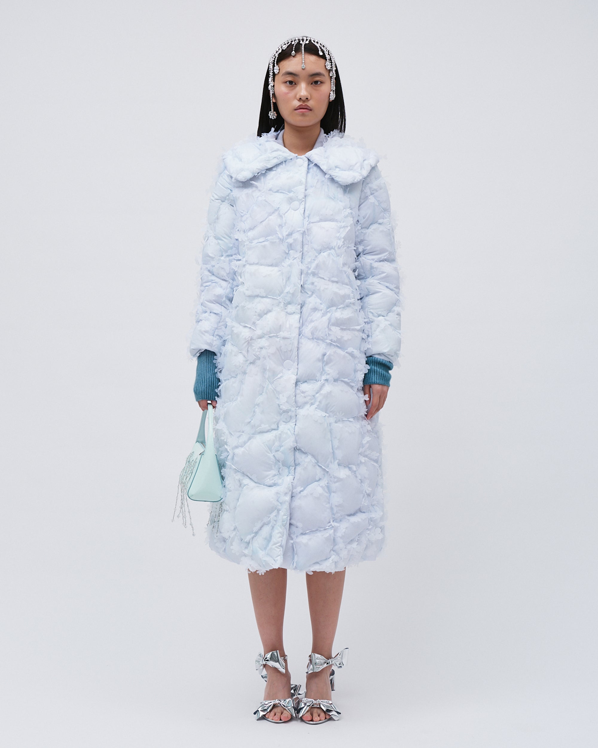 WOMENS QUILTED LASER CUT FLOWER LONG PUFFER COAT BLUE LONG SLEEVE