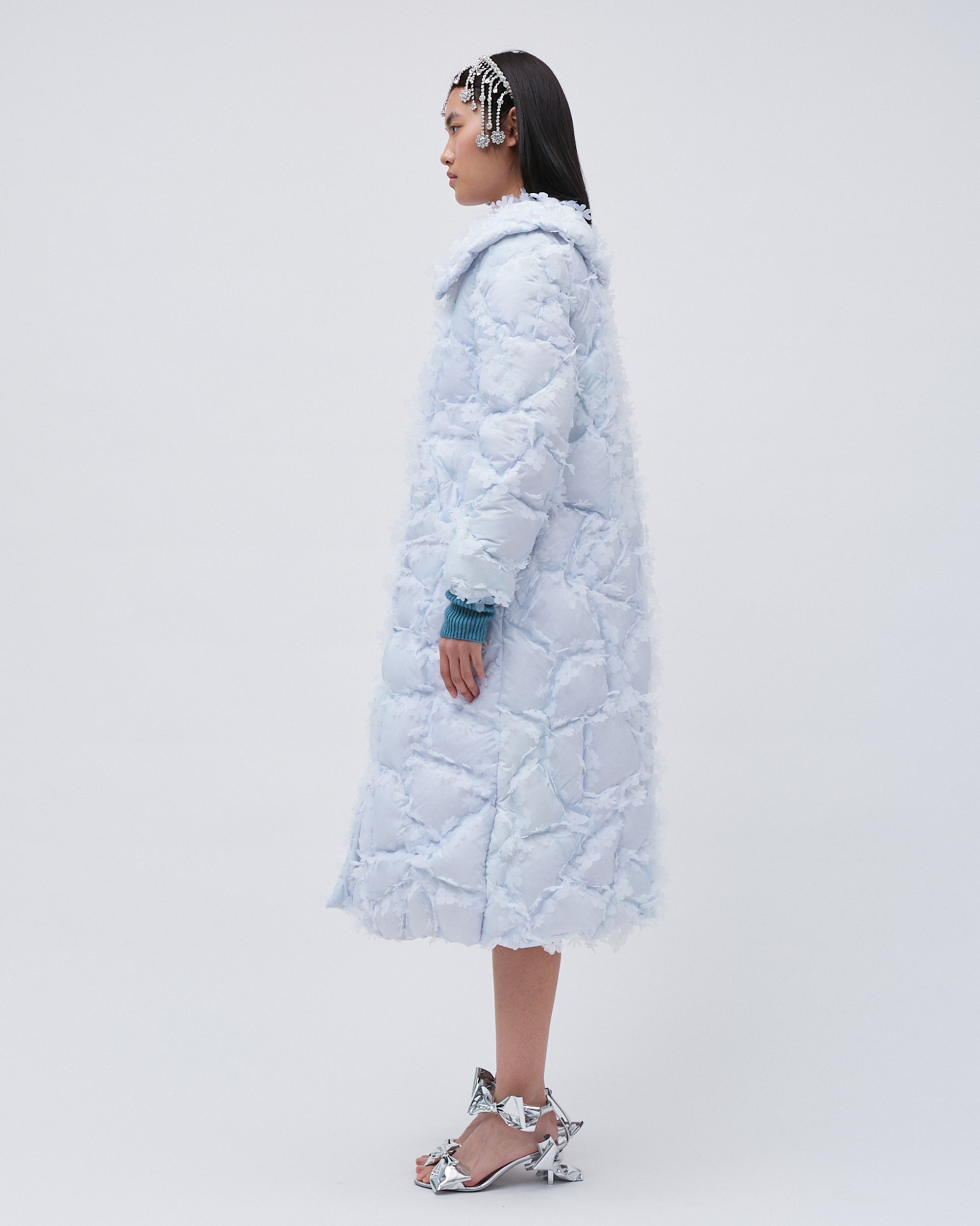 WOMENS QUILTED LASER CUT FLOWER LONG PUFFER COAT BLUE LONG SLEEVE