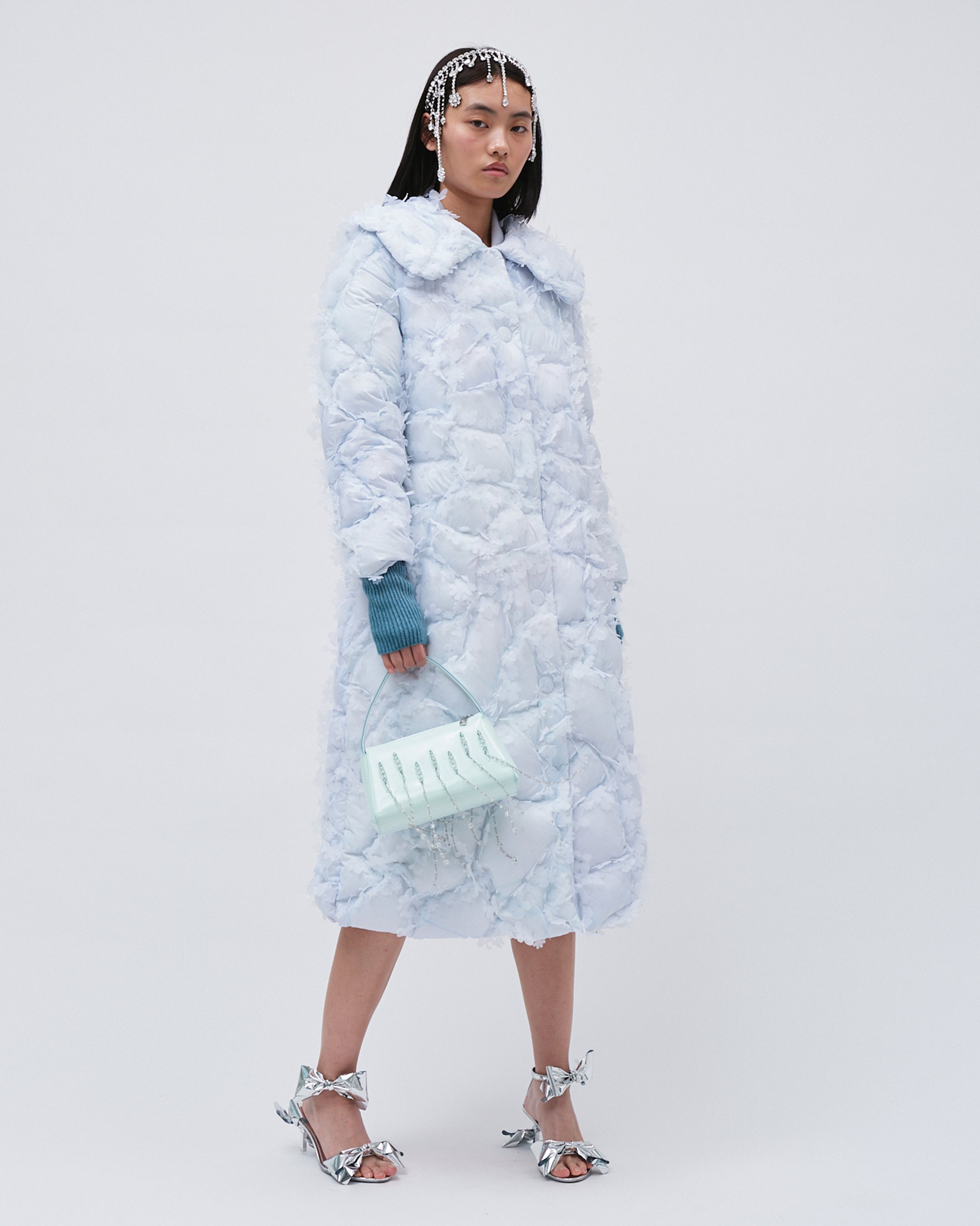 WOMENS QUILTED LASER CUT FLOWER LONG PUFFER COAT BLUE LONG SLEEVE