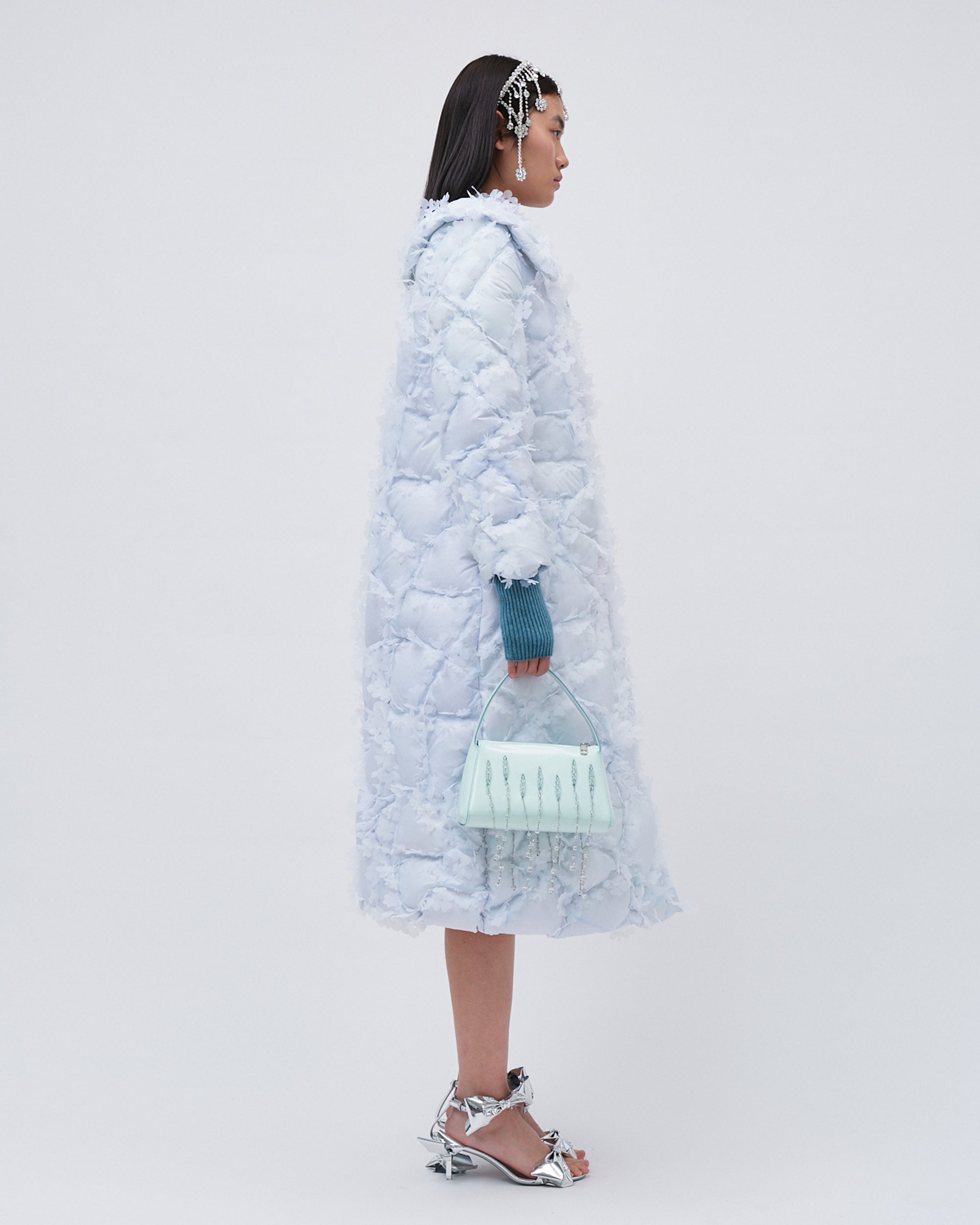 WOMENS QUILTED LASER CUT FLOWER LONG PUFFER COAT BLUE LONG SLEEVE