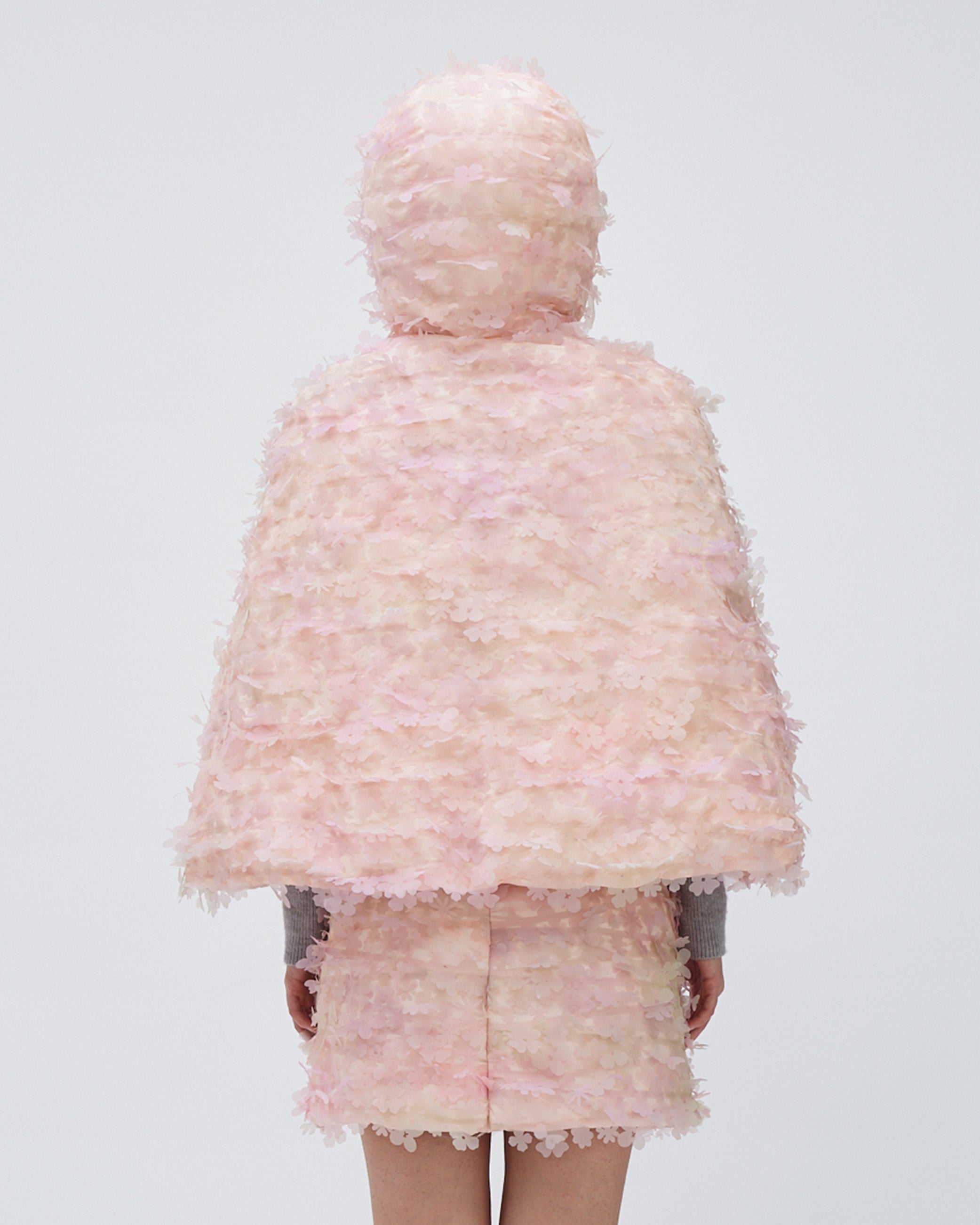 LASER-CUT FLOWER HOODED PUFFER CAPE