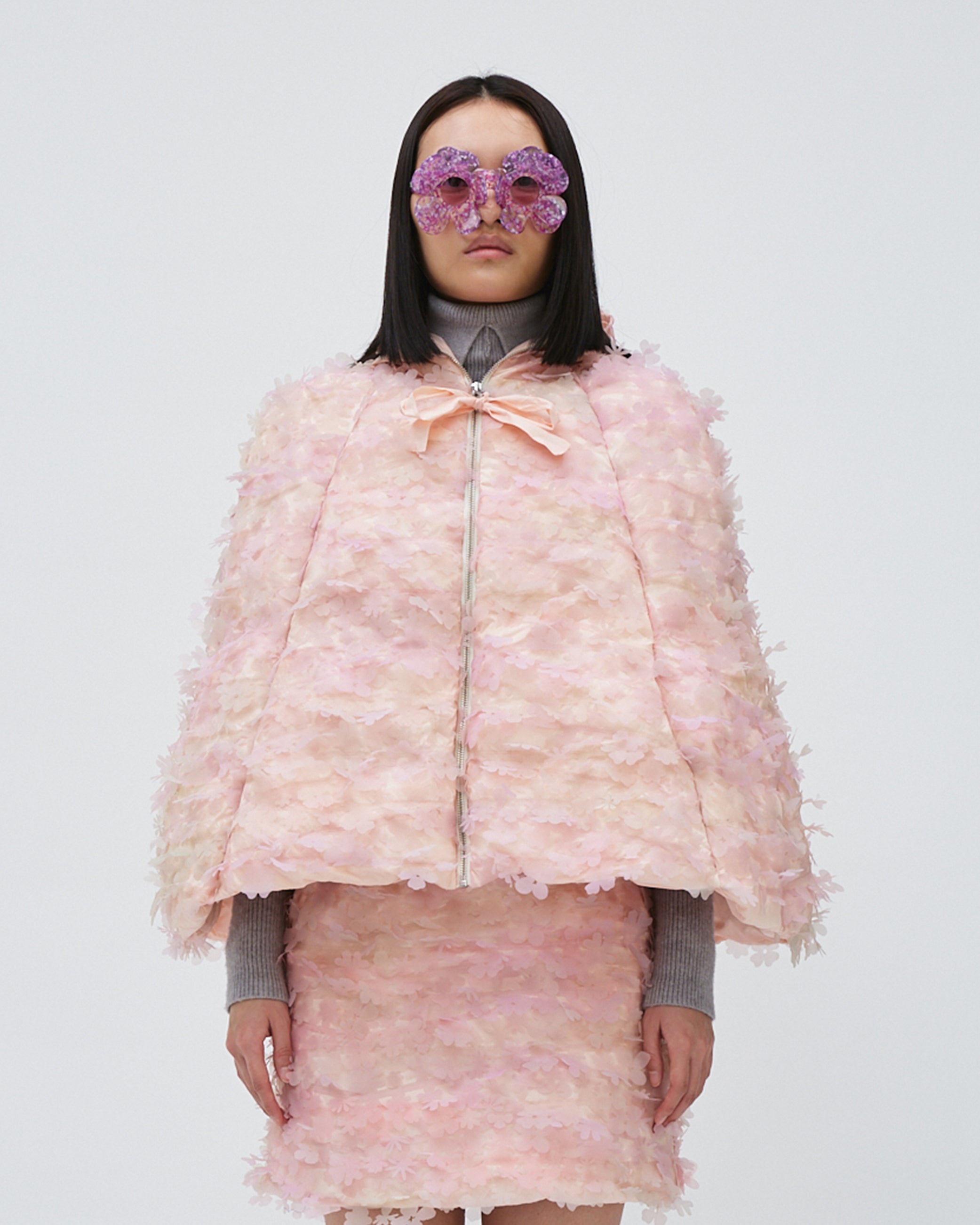 LASER-CUT FLOWER HOODED PUFFER CAPE