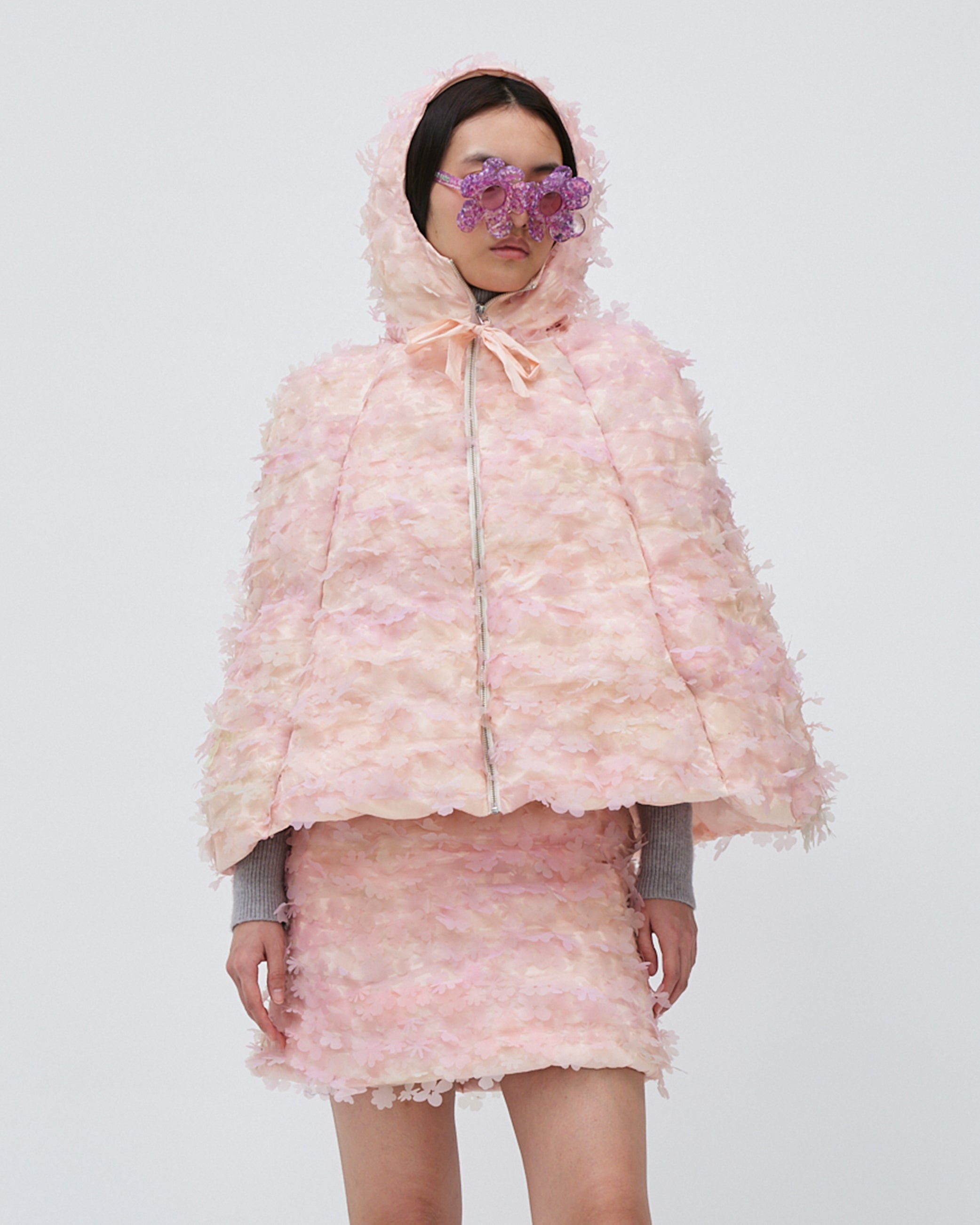 LASER-CUT FLOWER HOODED PUFFER CAPE