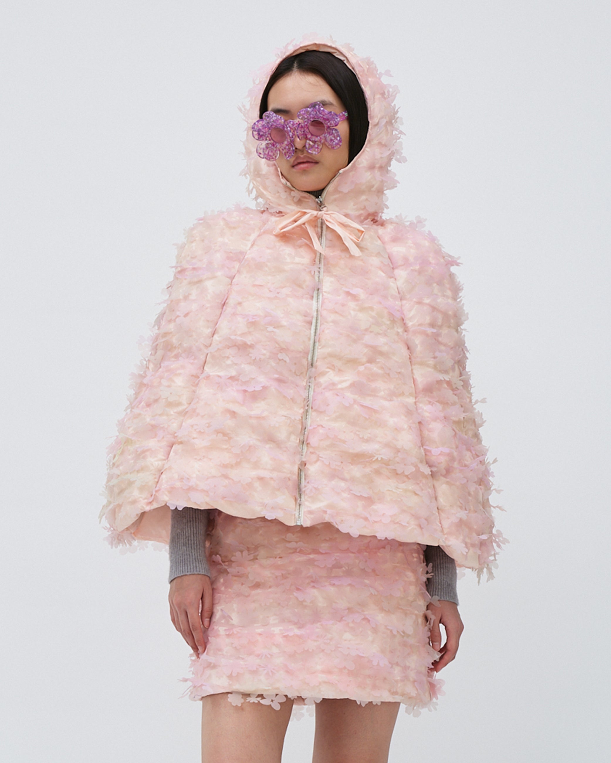 LASER-CUT FLOWER HOODED PUFFER CAPE