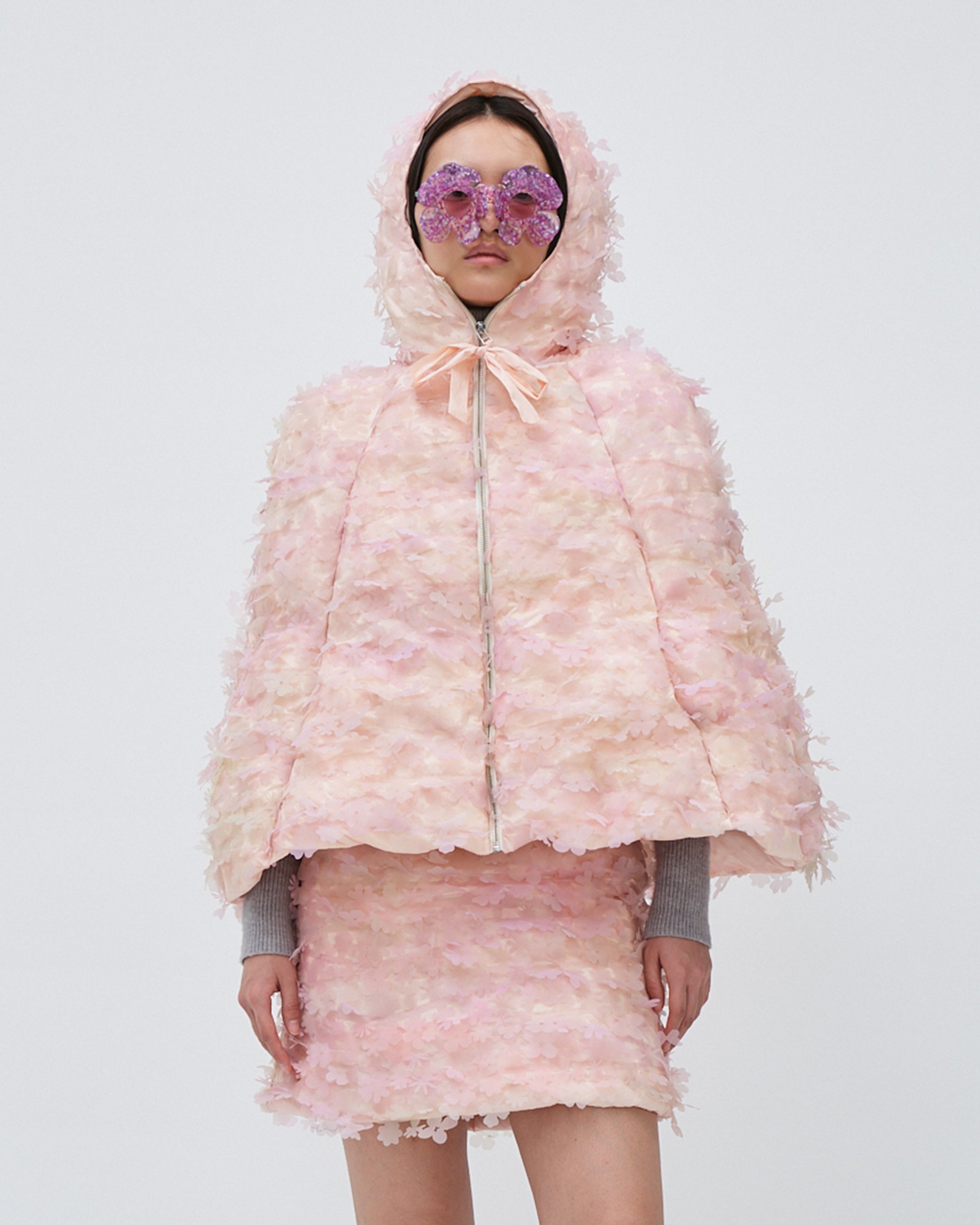 LASER-CUT FLOWER HOODED PUFFER CAPE