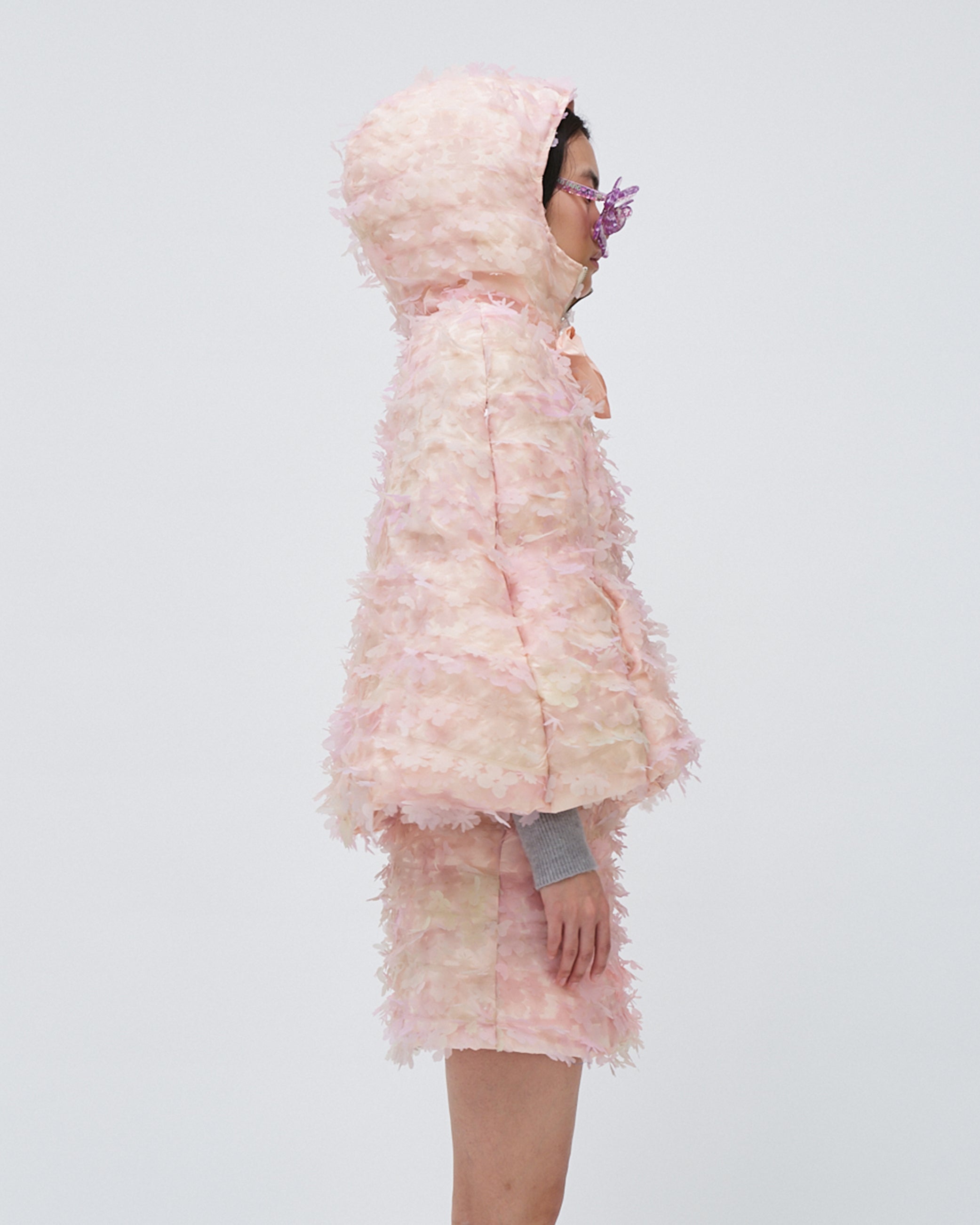 LASER-CUT FLOWER HOODED PUFFER CAPE