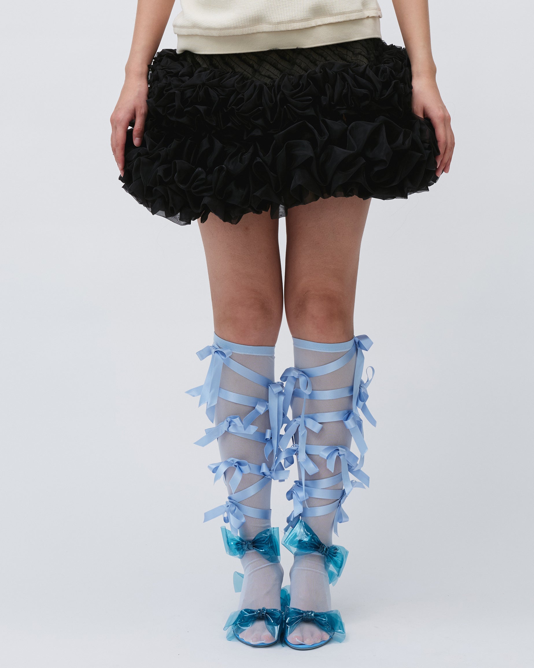 WOMENS RIBBON KNEE-HIGH SOCKS BLUE LINGERIE TIGHTS BOWS 