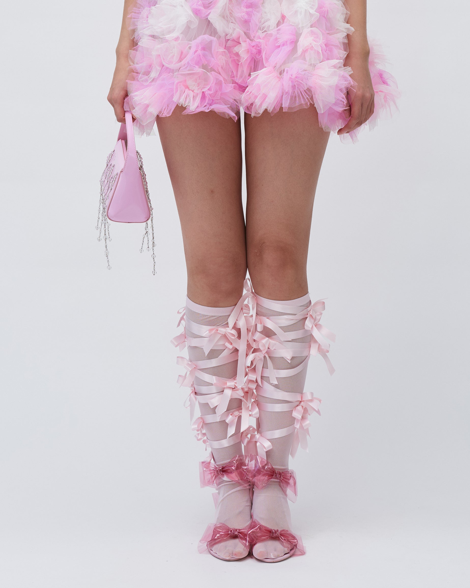 WOMENS RIBBON KNEE-HIGH SOCKS PINK LINGERIE TIGHTS BOWS 